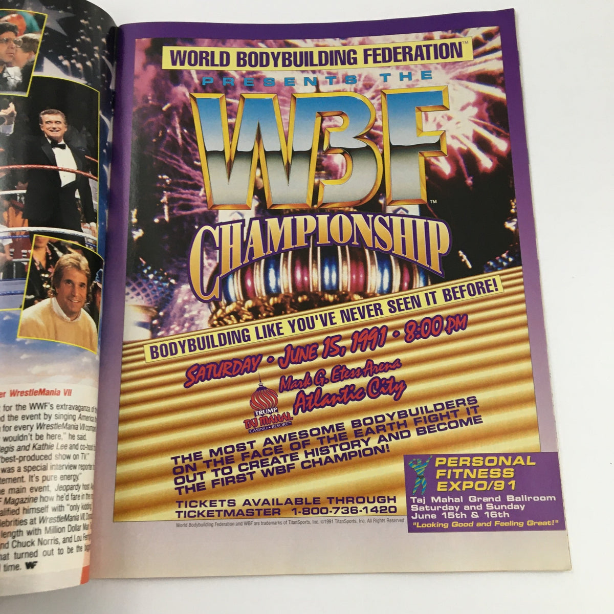 WWF Magazine June 1991 advertisement for the WBF Championship event, highlighting bodybuilding and wrestling, featuring venue details.