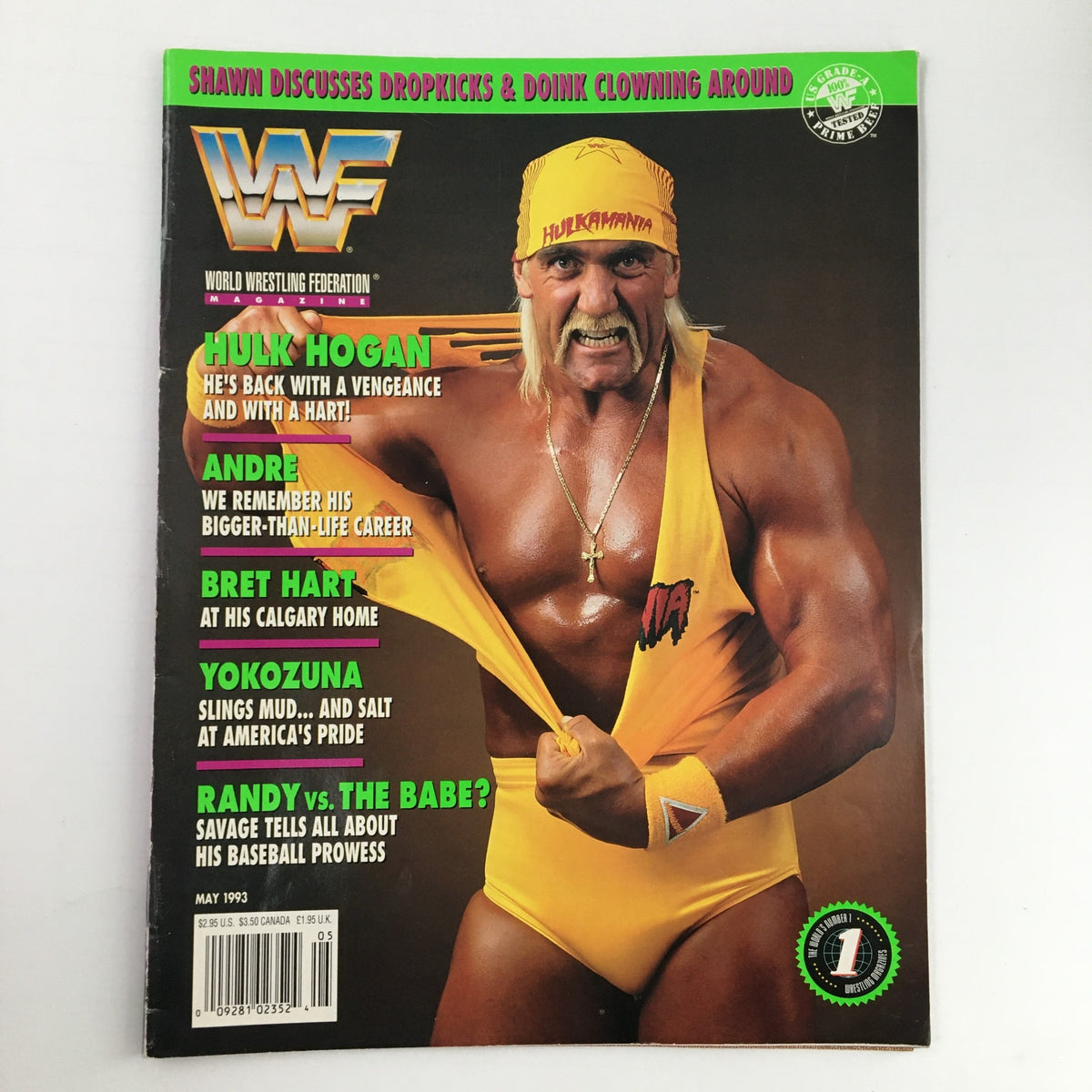 WWF Magazine May 1993 cover featuring Hulk Hogan in vibrant yellow attire with headlines about iconic wrestlers Andre The Giant, Bret Hart, and Yokozuna.