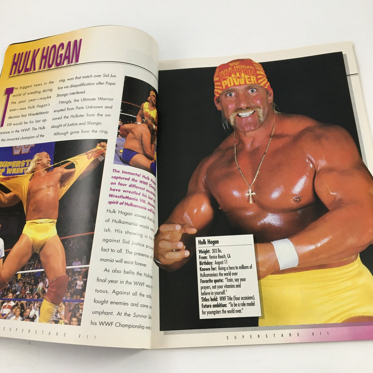 WWF Superstars VII Magazine 1992 image showcasing Hulk Hogan flexing his muscles and wearing a signature bandana, highlighting his wrestling persona.