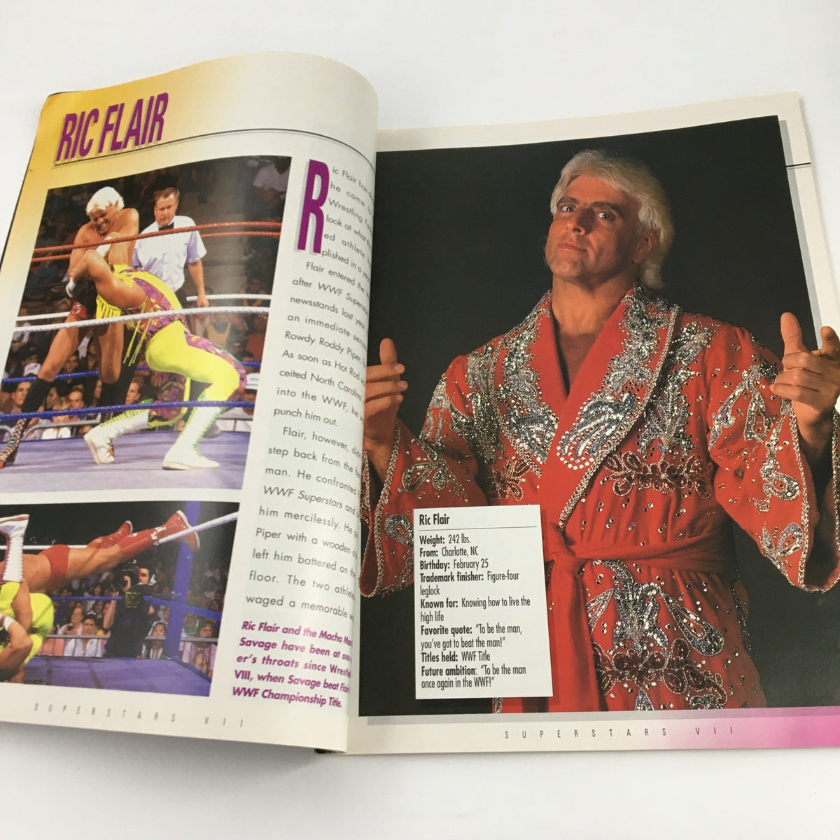 WWF Superstars VII Magazine 1992 image of Ric Flair dressed in a flashy red robe, emphasizing his charismatic style and wrestling legacy.