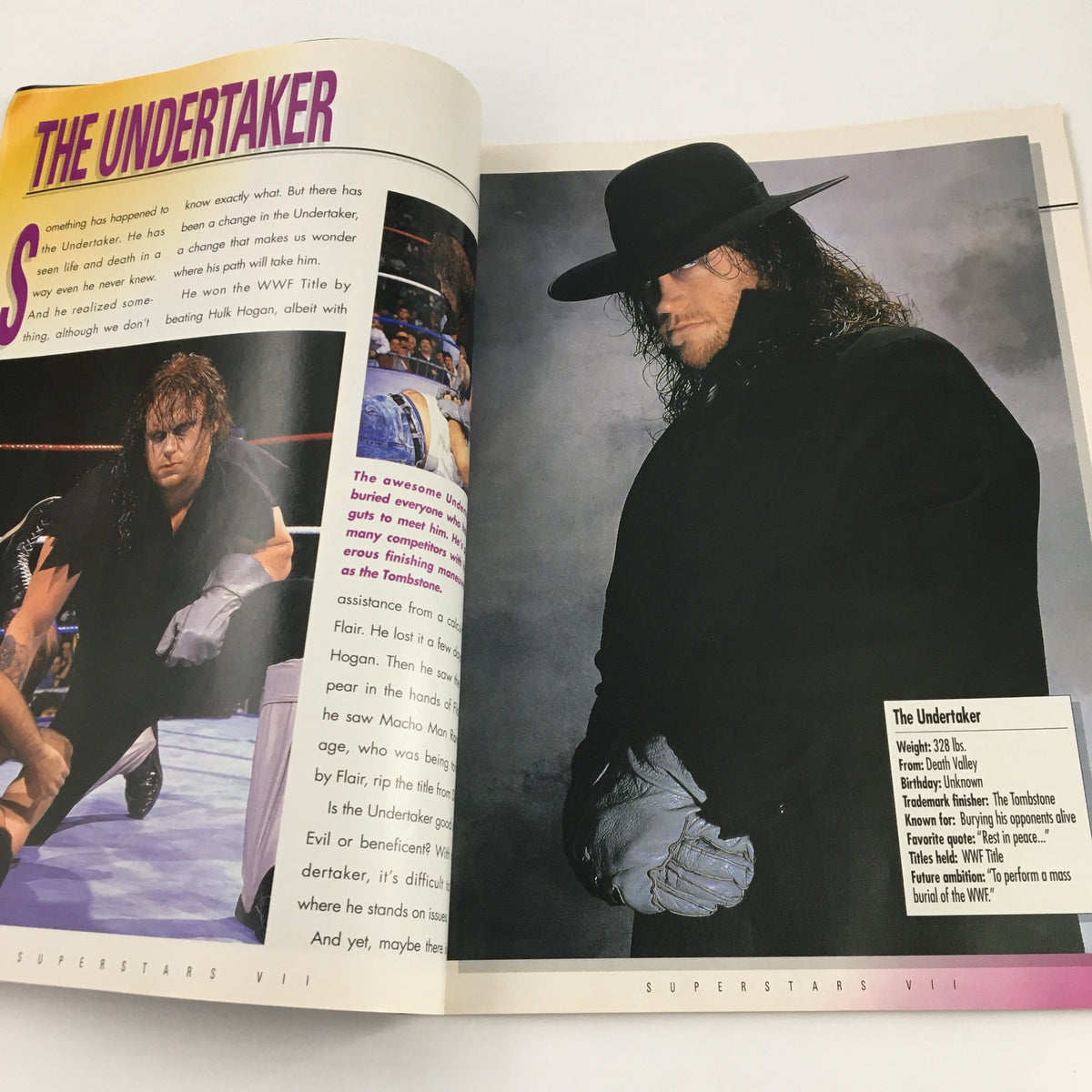 WWF Superstars VII Magazine 1992 image of The Undertaker in a dark costume with a hat, representing his mysterious persona in professional wrestling.