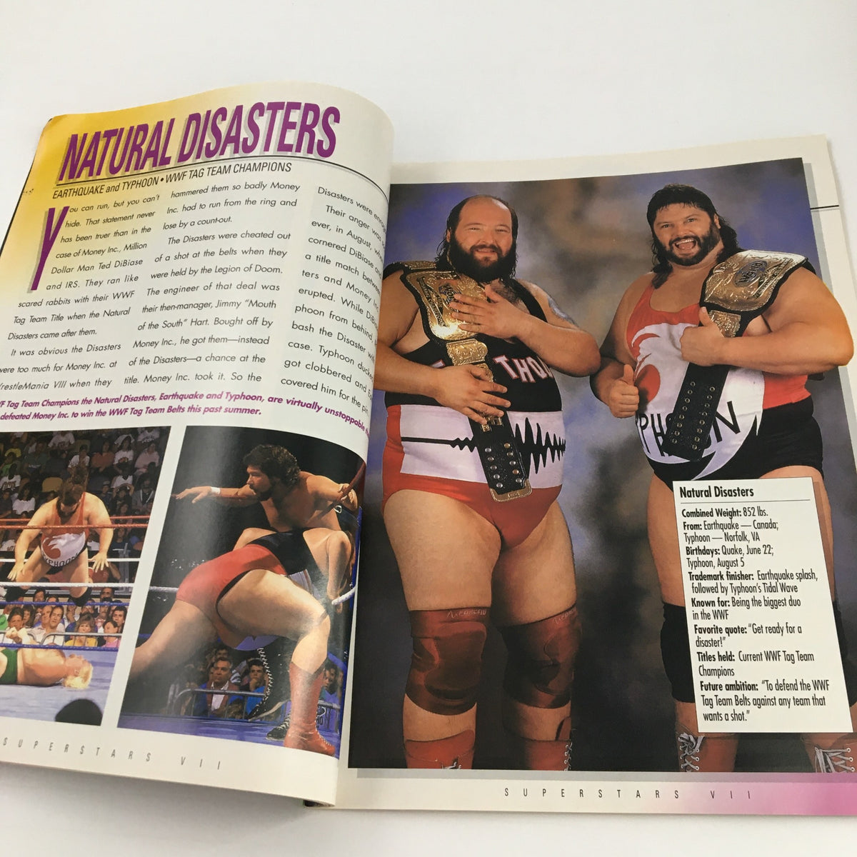 WWF Superstars VII Magazine 1992 featuring Hulk Hogan and Macho Man Randy Savage page showcasing the Natural Disasters, Earthquake and Typhoon, with championship belts and wrestling action.