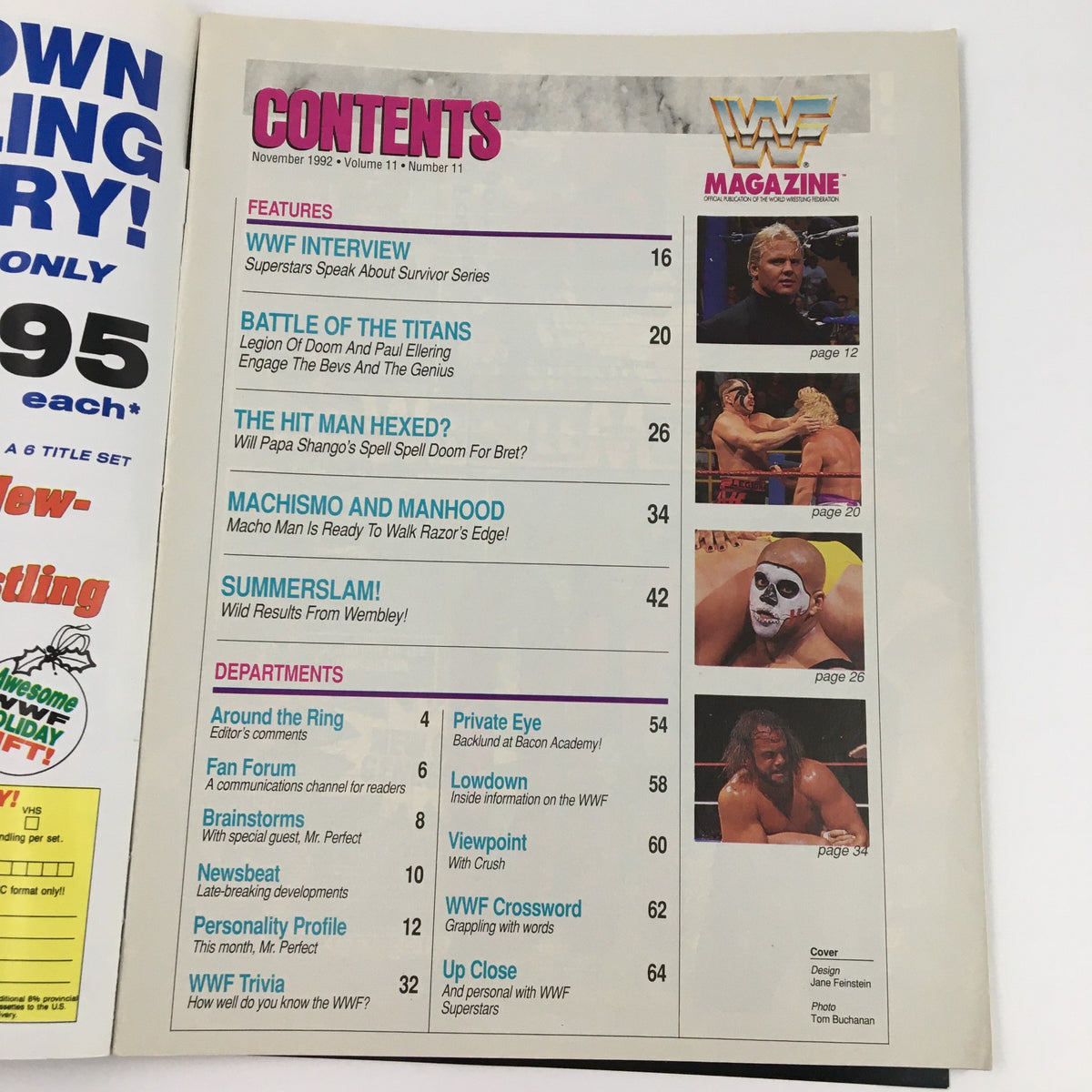 WWF Magazine November 1992 Contents page featuring articles and features such as WWF interview, Battle of the Titans, and Summerslam.