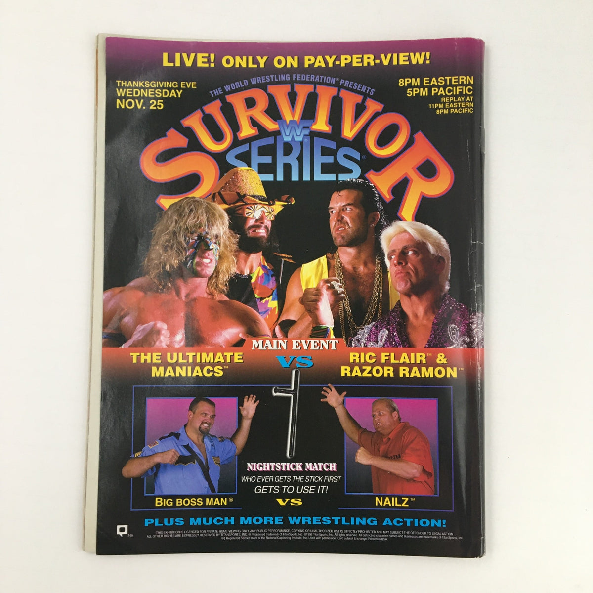 WWF Magazine November 1992 cover of Survivor Series event featuring iconic wrestlers like The Ultimate Warrior and Ric Flair.