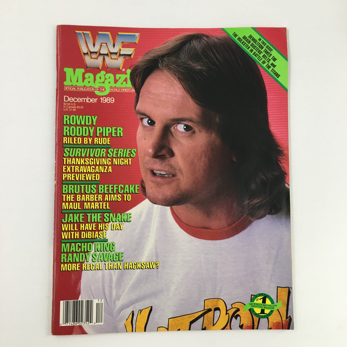WWF Magazine December 1989 featuring Rowdy Roddy Piper on the cover with headlines about wrestling events and wrestlers. A collectible magazine showcasing iconic professional wrestling culture.