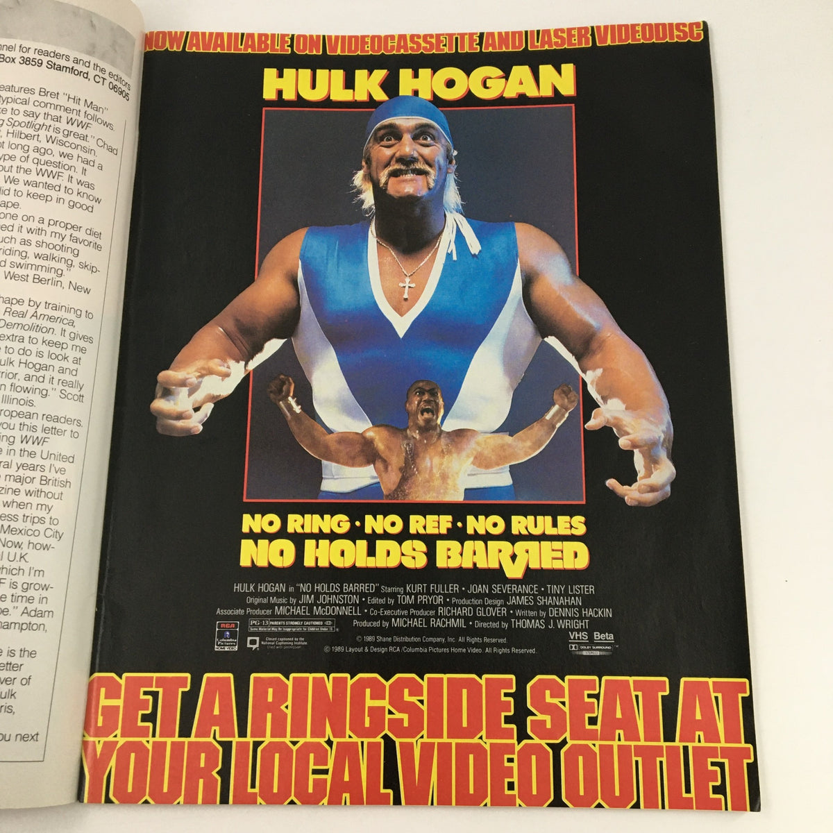 WWF Magazine December 1989 advertisement for Hulk Hogan's movie 'No Holds Barred', showcasing his image in wrestling gear with an engaging tagline, reflecting the wrestling culture of the late 1980s.