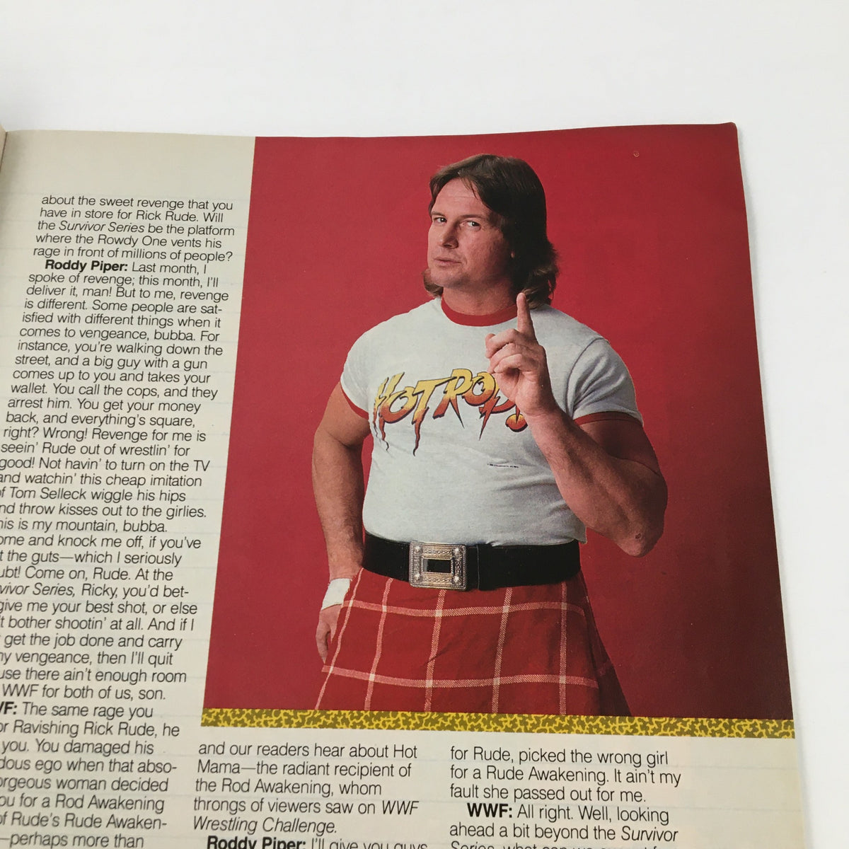 WWF Magazine December 1989 exclusive interview page featuring Rowdy Roddy Piper promoting his stories and character, showcasing his unique persona in professional wrestling history.
