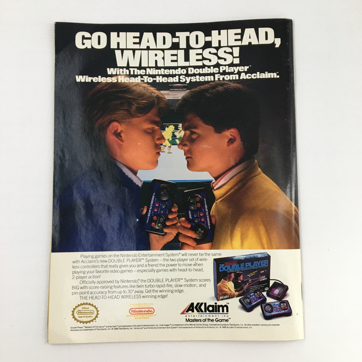 WWF Magazine December 1989 Rowdy Roddy Piper & Hulk Hogan Mania – image of a vintage advertisement for the Nintendo Double Player wireless gaming system, reflecting the gaming technology of the era.