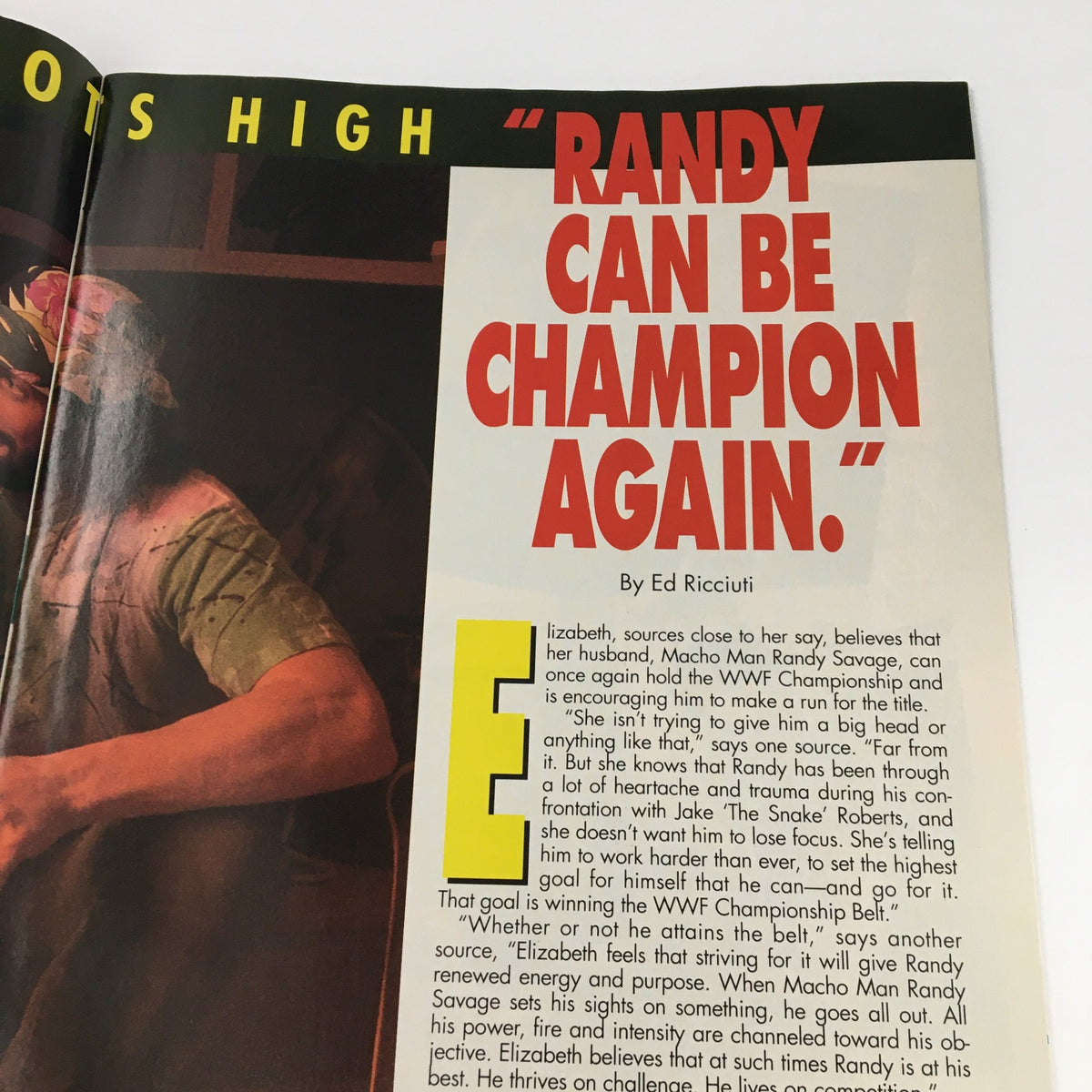 Excerpt from WWF Magazine March 1992, discussing Elizabeth's belief in Randy Savage's potential to reclaim the WWF Championship, emphasizing their partnership.