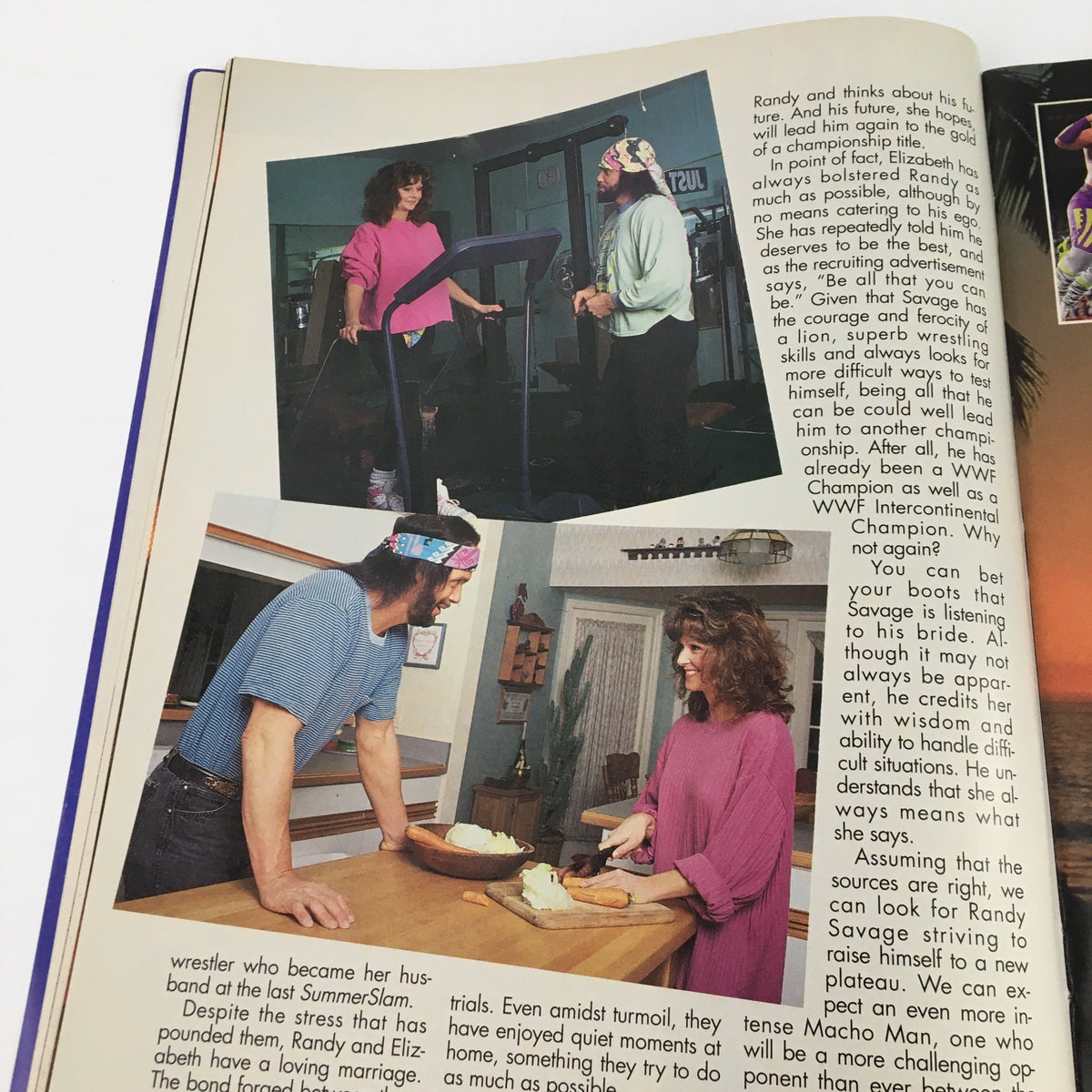 Inside WWF Magazine March 1992, illustrating moments between Randy Savage and Elizabeth, showcasing their relationship during Savage's wrestling career.