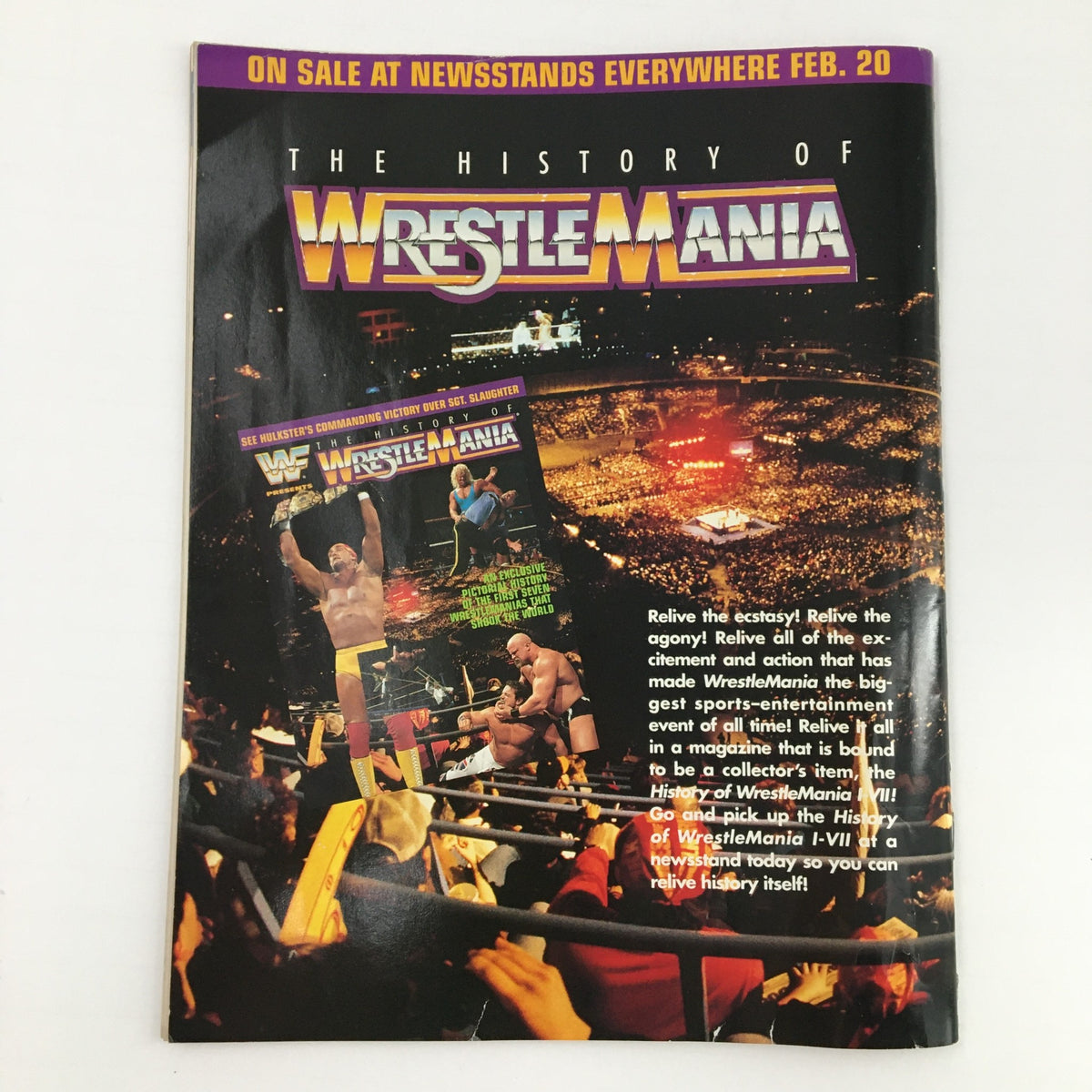 Cover of WWF Magazine March 1992 titled 'The History of WrestleMania', featuring iconic wrestling imagery and promotional content highlighting legendary wrestlers such as Hulk Hogan and Sgt. Slaughter in a lively arena setting.