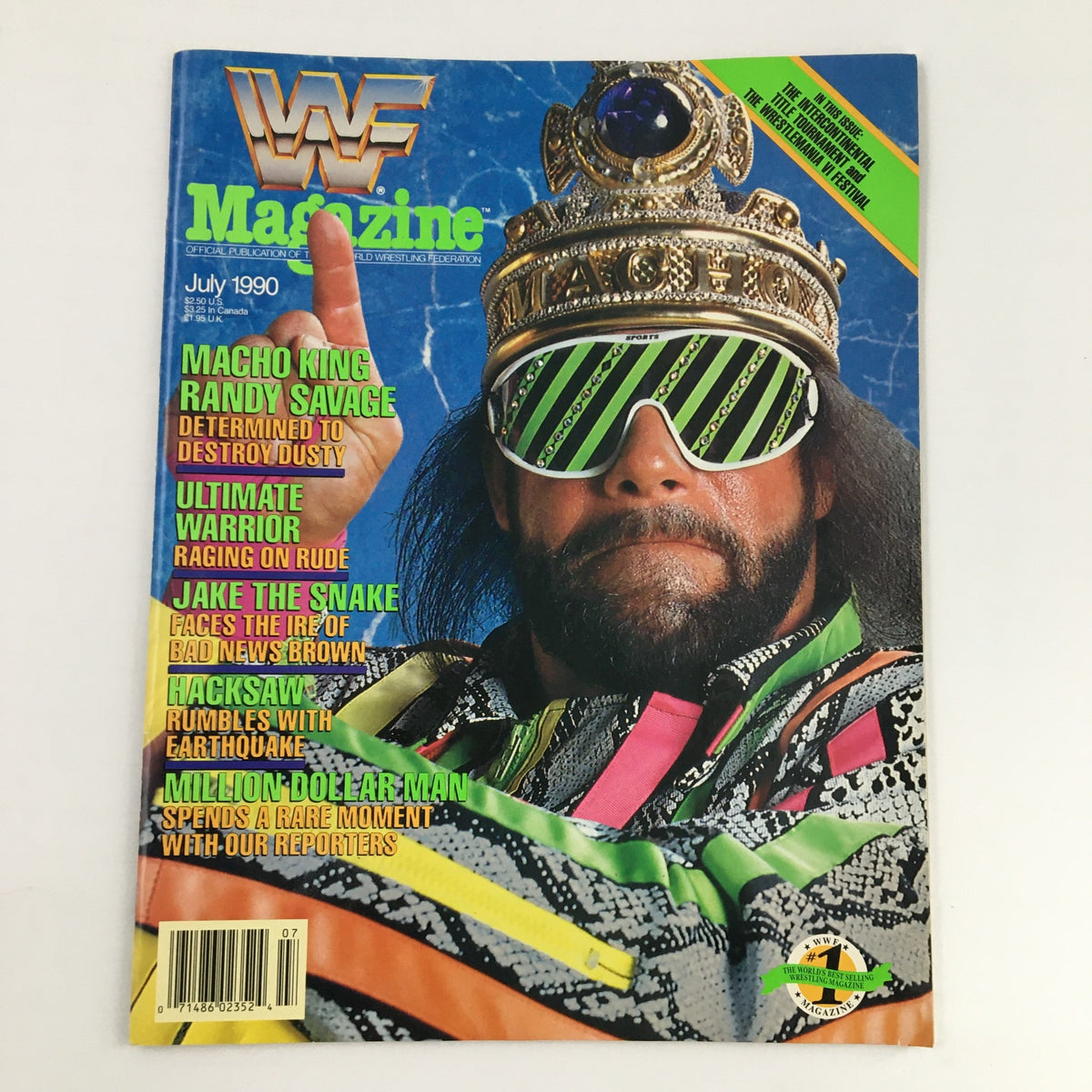 WWF Magazine July 1990 cover featuring Macho King Randy Savage and Jake The Snake, showcasing vibrant wrestling themes and iconic characters.
