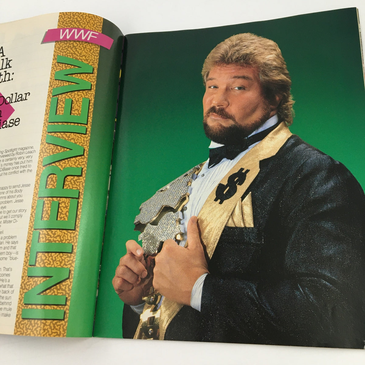Interview feature in WWF Magazine July 1990 with Million Dollar Man Ted DiBiase, highlighting his character's persona and wrestling achievements.