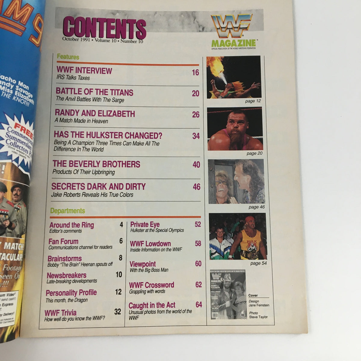Table of contents from WWF Magazine October 1991 featuring Macho Man Randy Savage and Miss Elizabeth, listing articles including interviews, match battles, and collectible highlights.