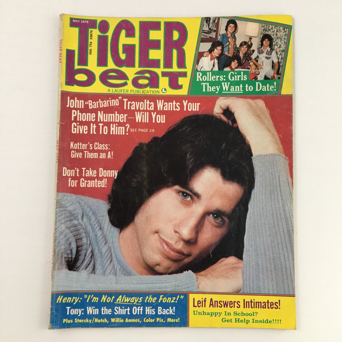 Cover of Tiger Beat Magazine May 1976 featuring John "Barbarino" Travolta, showcasing vibrant pop culture nostalgia.