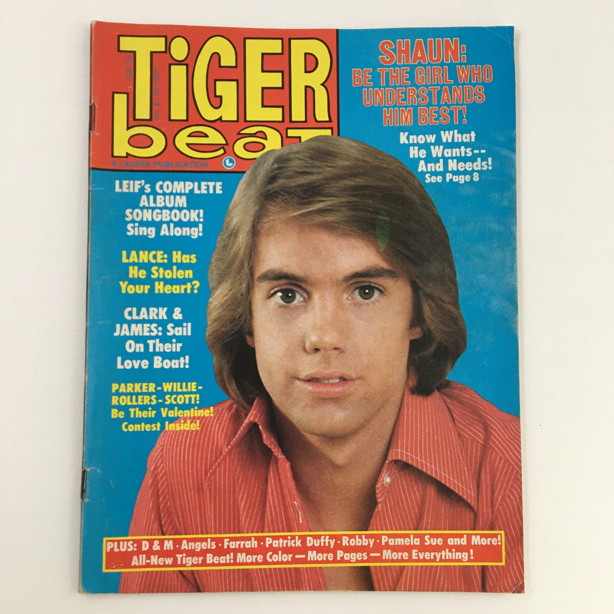 Cover of February 1978 Tiger Beat Magazine featuring Shaun Cassidy. The title prominently displays 'Tiger Beat' with color visuals and captures the essence of 1970s teen culture.