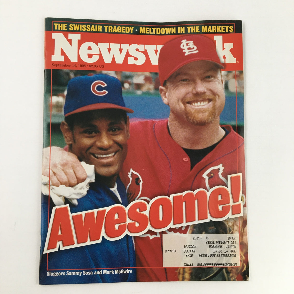 Cover of Newsweek Magazine from September 14, 1998 featuring sluggers Sammy Sosa and Mark McGwire, showcasing their camaraderie, with vibrant text reading 'Awesome!'