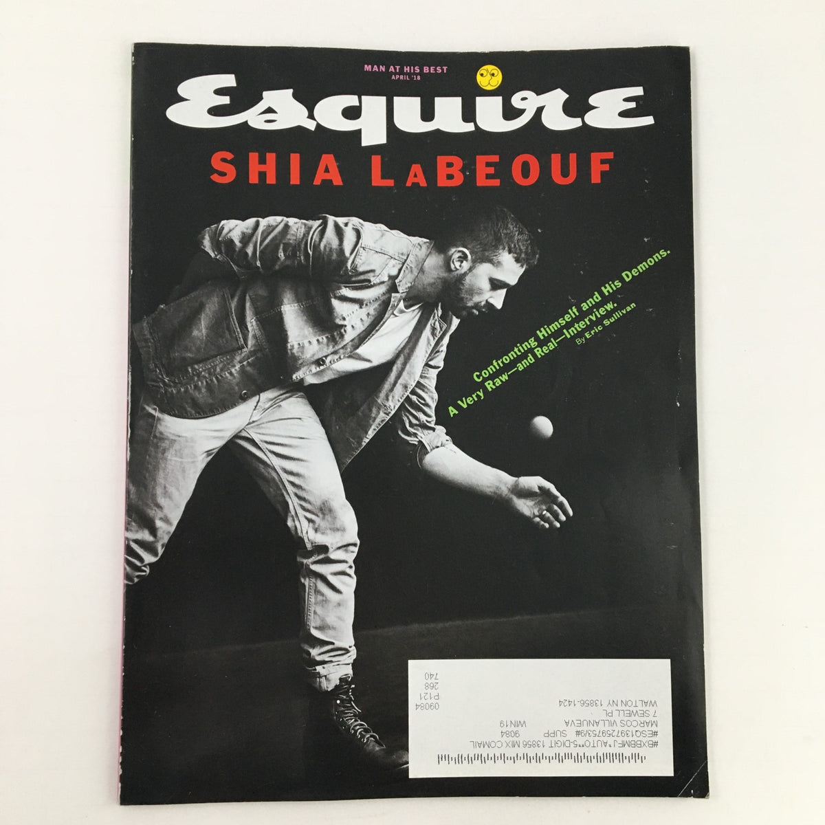 Cover of Esquire Magazine April 2018 featuring Shia LaBeouf, showcasing the theme 'Confronting Himself and His Demons'.