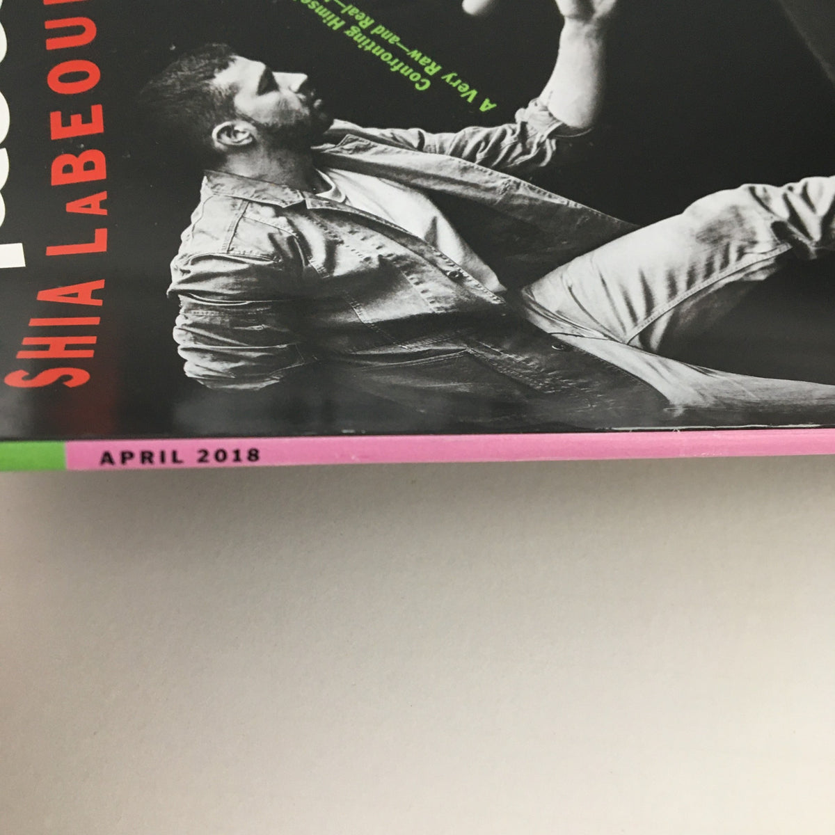 Side view of Esquire Magazine April 2018, highlighting the cover date and theme with Shia LaBeouf.