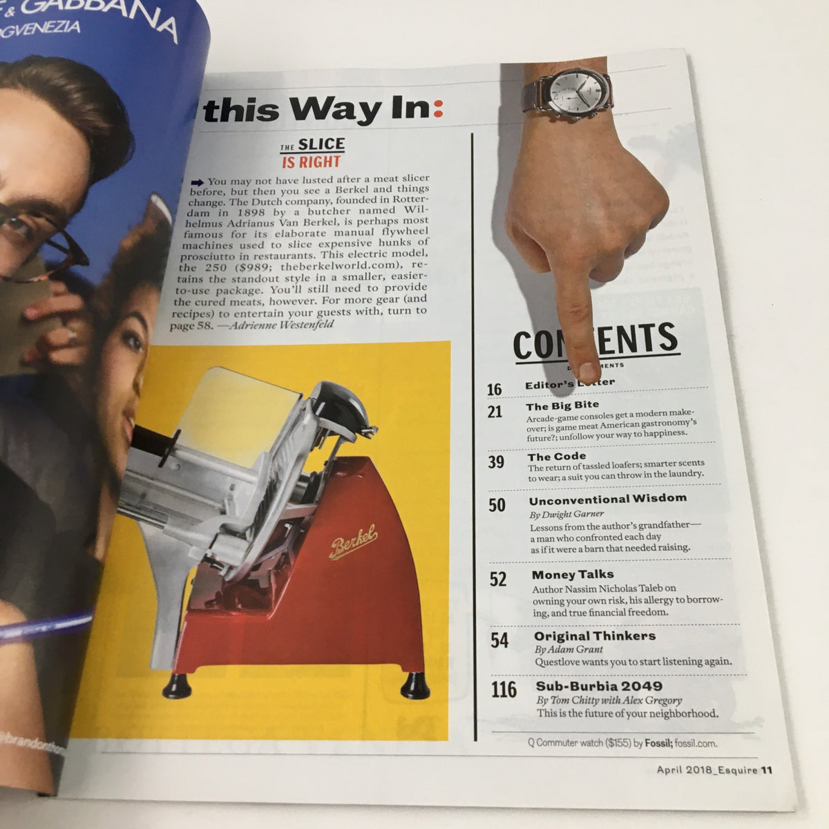 Inner page of Esquire Magazine April 2018 displaying the table of contents, featuring articles including 'Editor’s Note' and other notable sections.