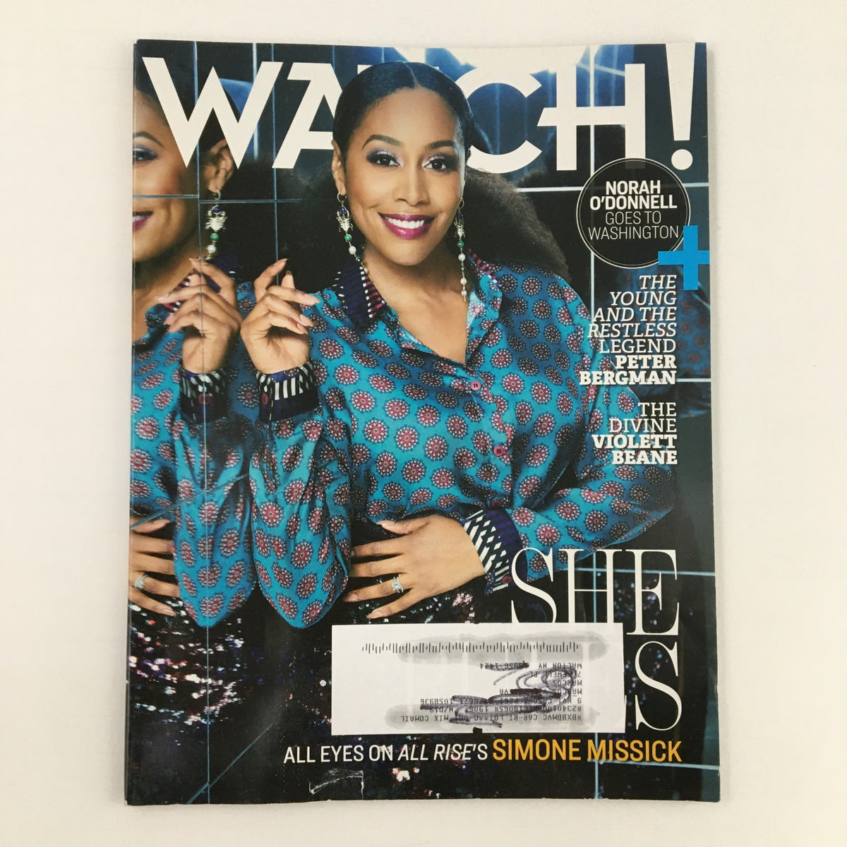 Watch Magazine November 2019 cover featuring Simone Missick, showcasing her vibrant outfit and stunning earrings, along with headlines including Norah O'Donnell and Peter Bergman.