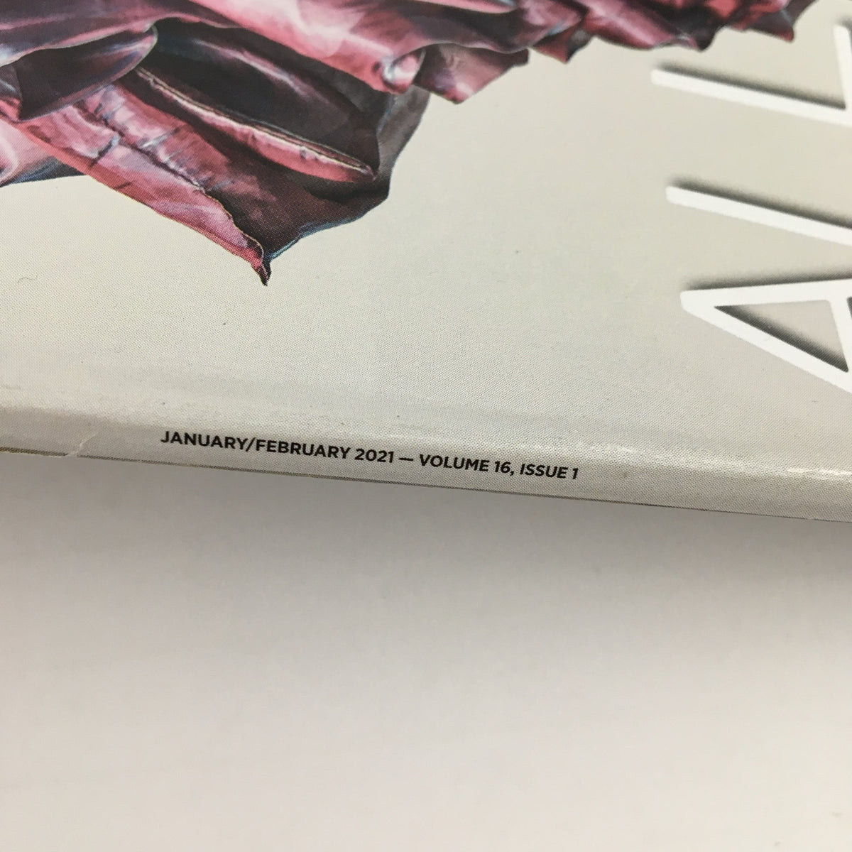 Close-up shot of the spine of Watch Magazine January/February 2021, indicating Volume 16, Issue 1, showcasing the publication details.
