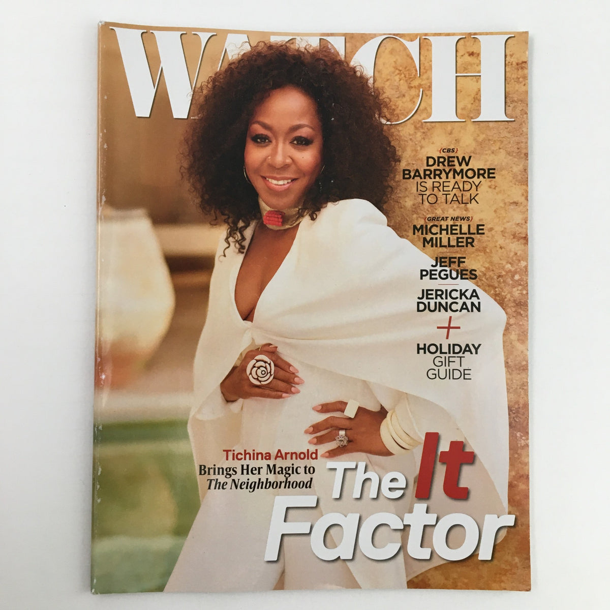 Watch Magazine November 2020 cover featuring Tichina Arnold and Drew Barrymore, showcasing the headline 'The It Factor' with a stylish photo of Tichina Arnold in an elegant outfit.