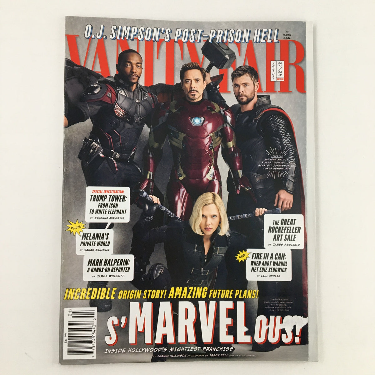 Vanity Fair Magazine Holiday 2017 cover featuring iconic characters including Robert Downey Jr. in 'Iron Man' attire, showcasing a blend of Hollywood glamour and cinematic culture.