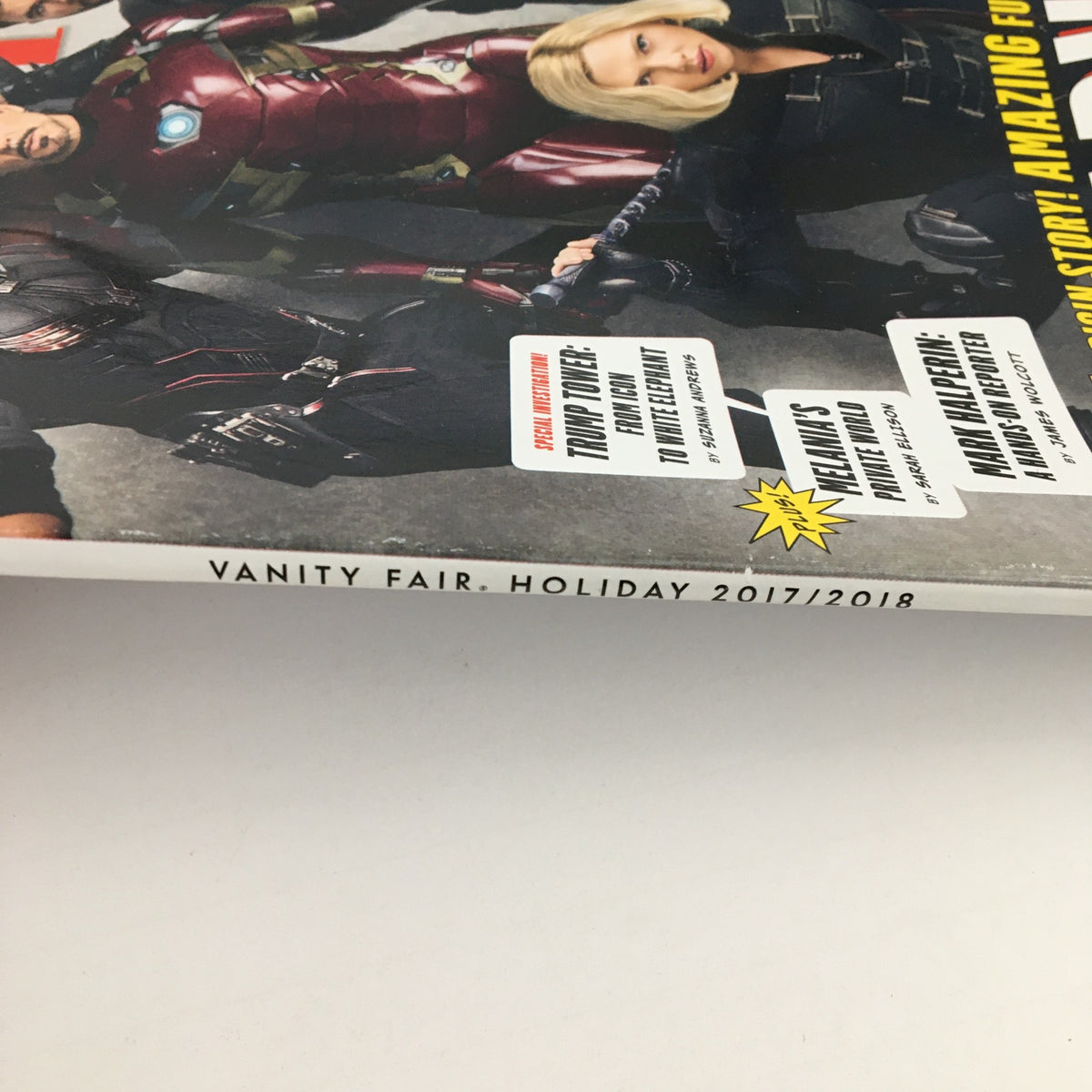 Side view of the Vanity Fair Magazine Holiday 2017, featuring the title and publication year, emphasizing its collectible nature as a vintage magazine.