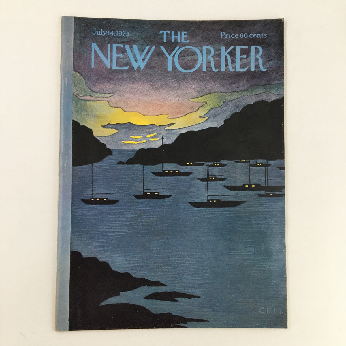 Cover of The New Yorker July 14 1975 featuring a serene evening scene with boats in a harbor, designed by Charles E. Martin.
