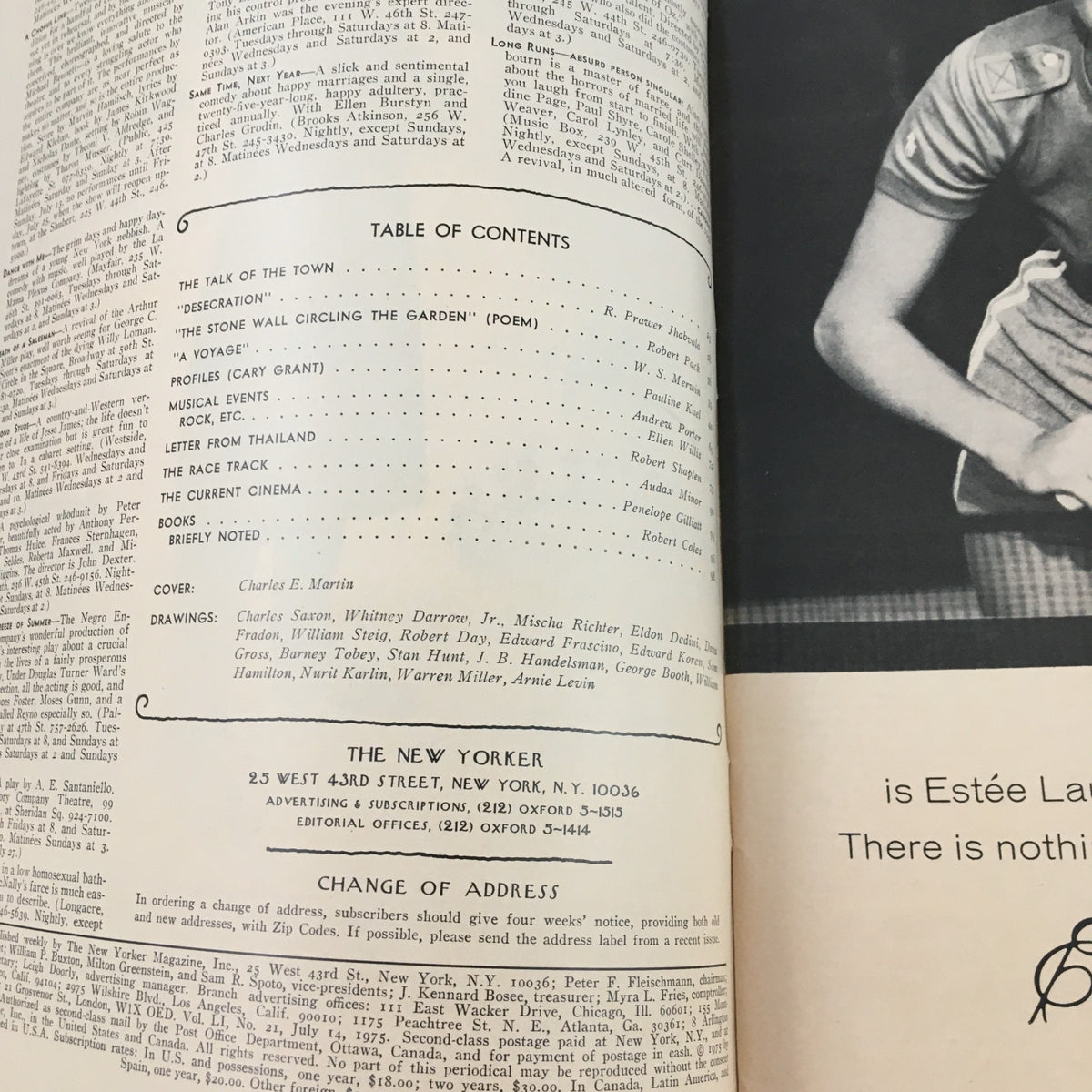 Inside page of The New Yorker July 14 1975 displaying the table of contents, including articles and features, with the cover artist noted as Charles E. Martin.