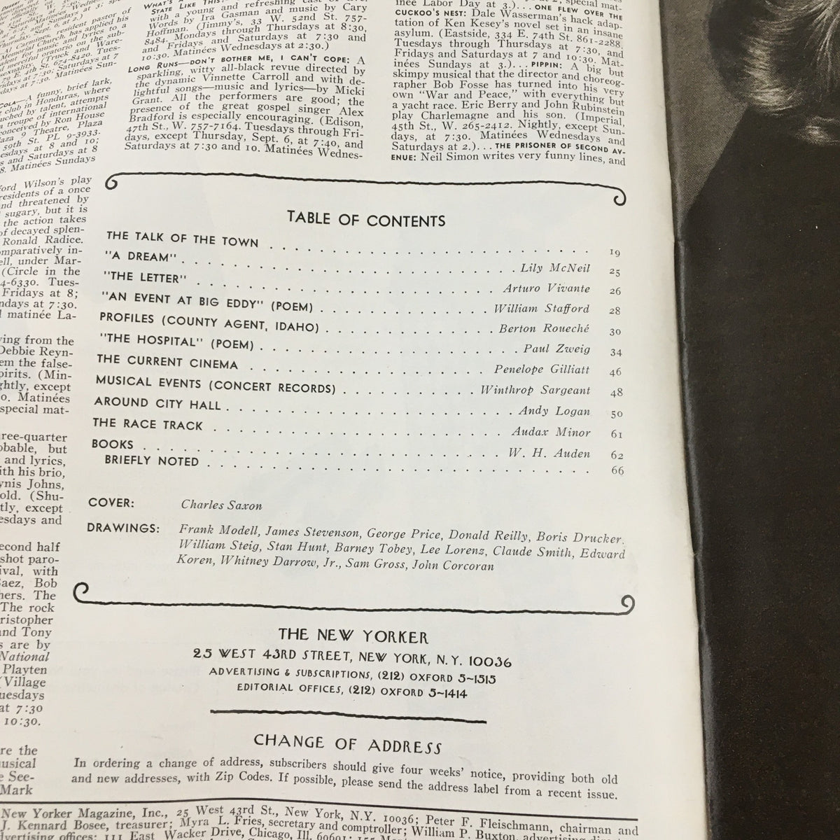 Table of contents from The New Yorker September 3 1973, detailing articles and drawings, with the cover noted as designed by Charles Saxon.