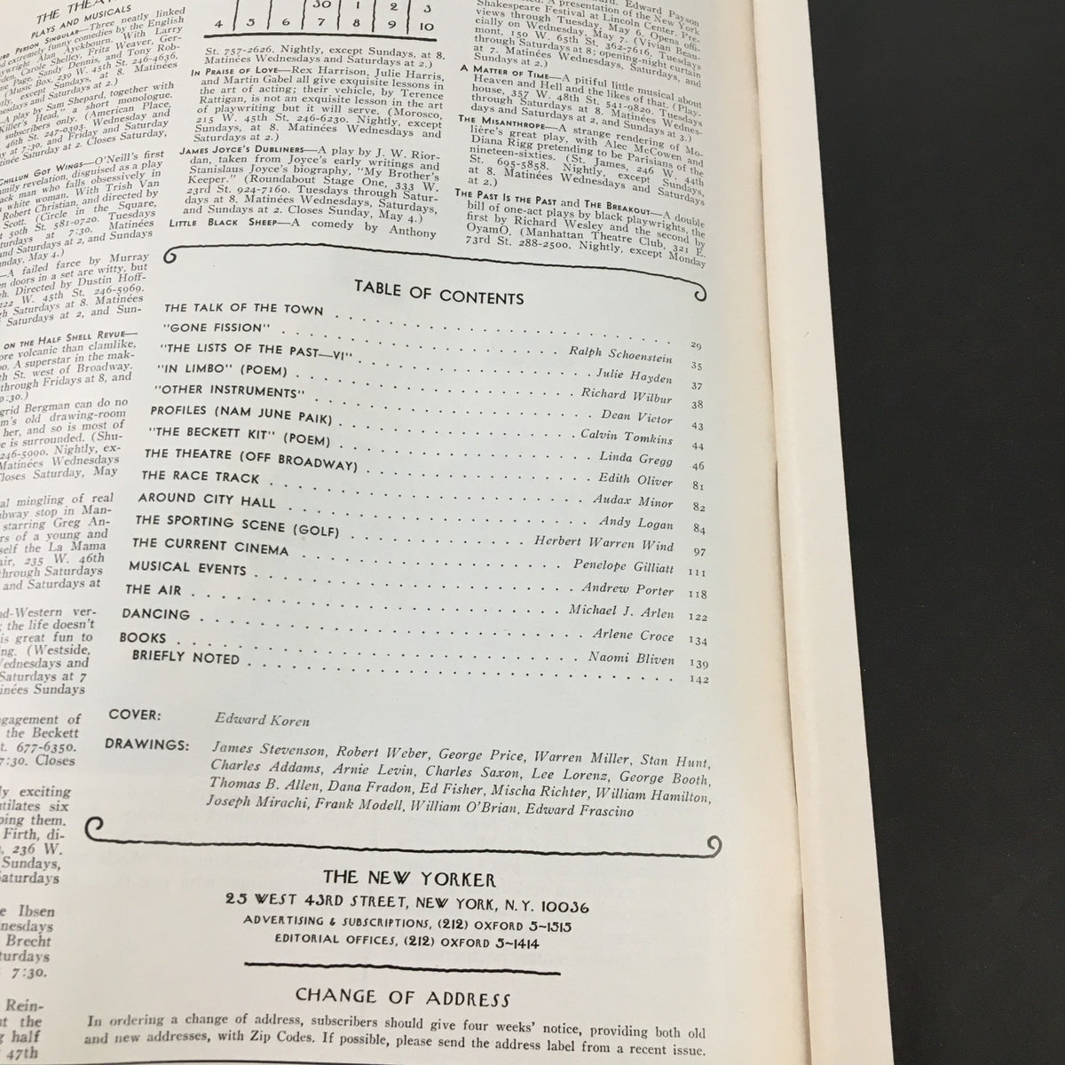 Inside page of The New Yorker May 5, 1975, showcasing the table of contents and cover artist Edward Koren's drawing.