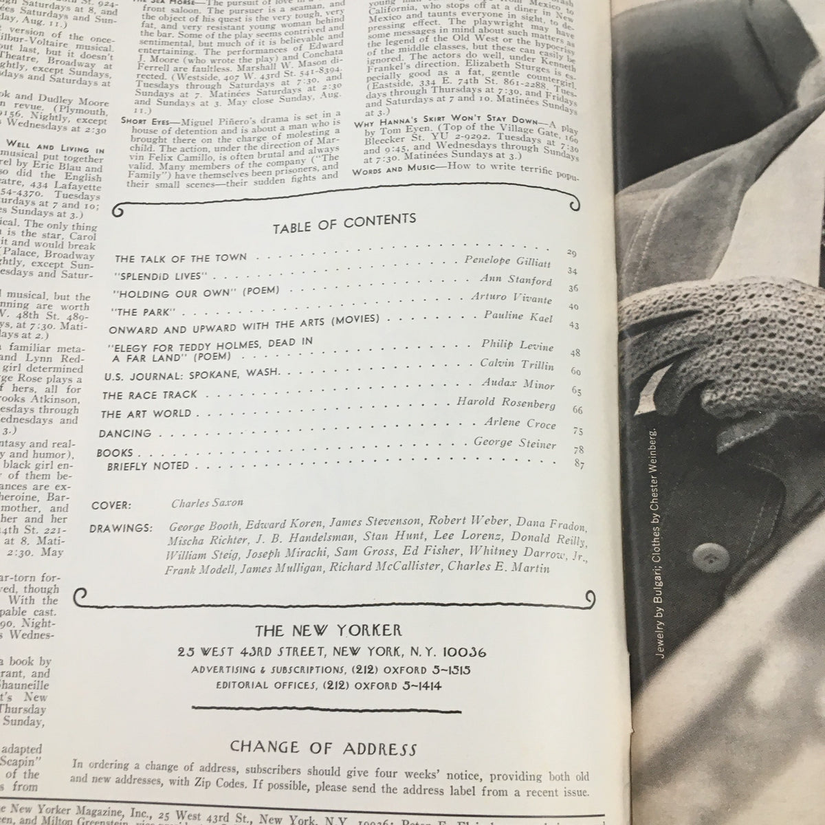 Table of Contents page from The New Yorker August 5, 1974, showcasing articles and features curated by Charles Saxon.