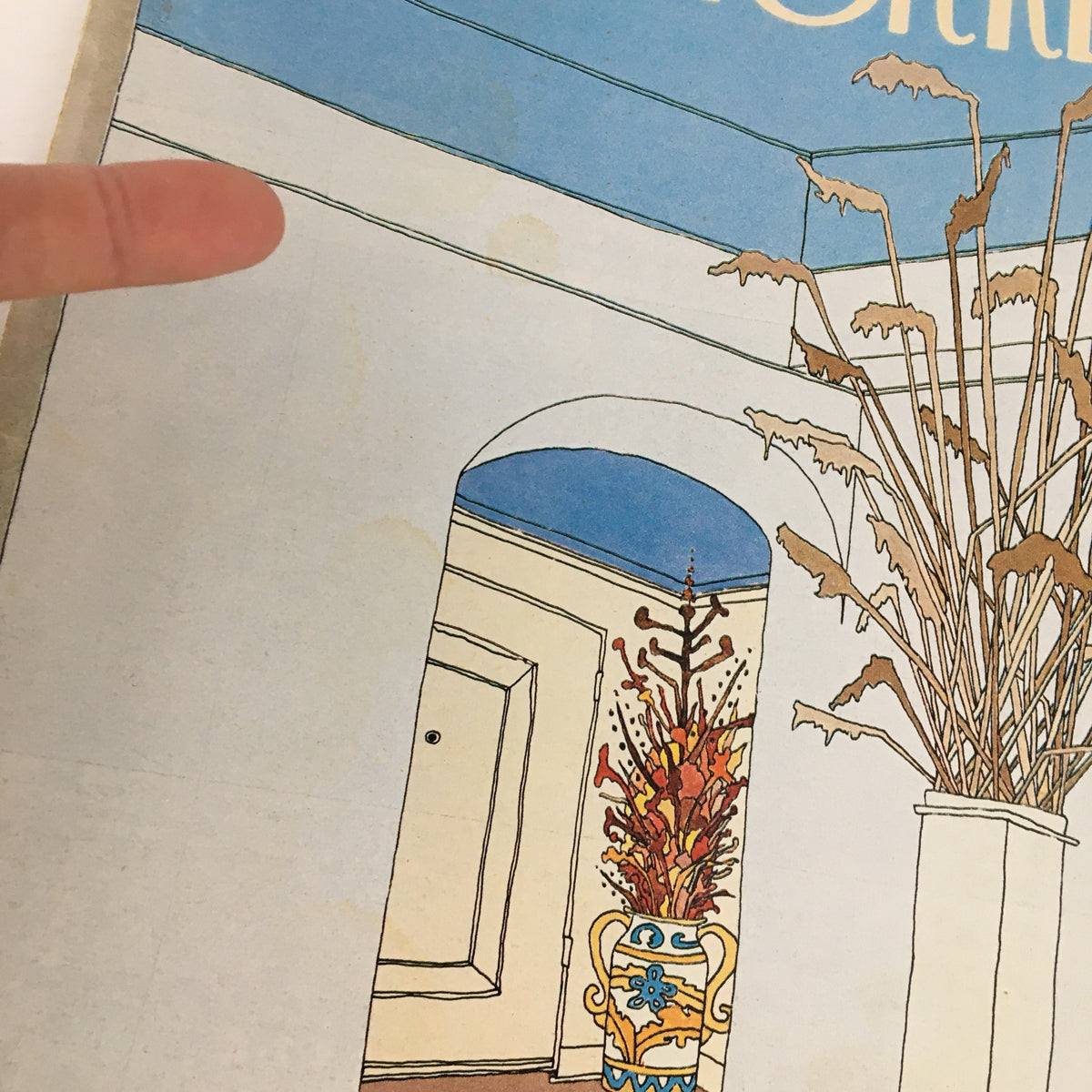 Close-up view of The New Yorker August 19, 1974 cover, spotlighting an illustration by Gretchen Dow Simpson, showcasing the corridor and potted plants.
