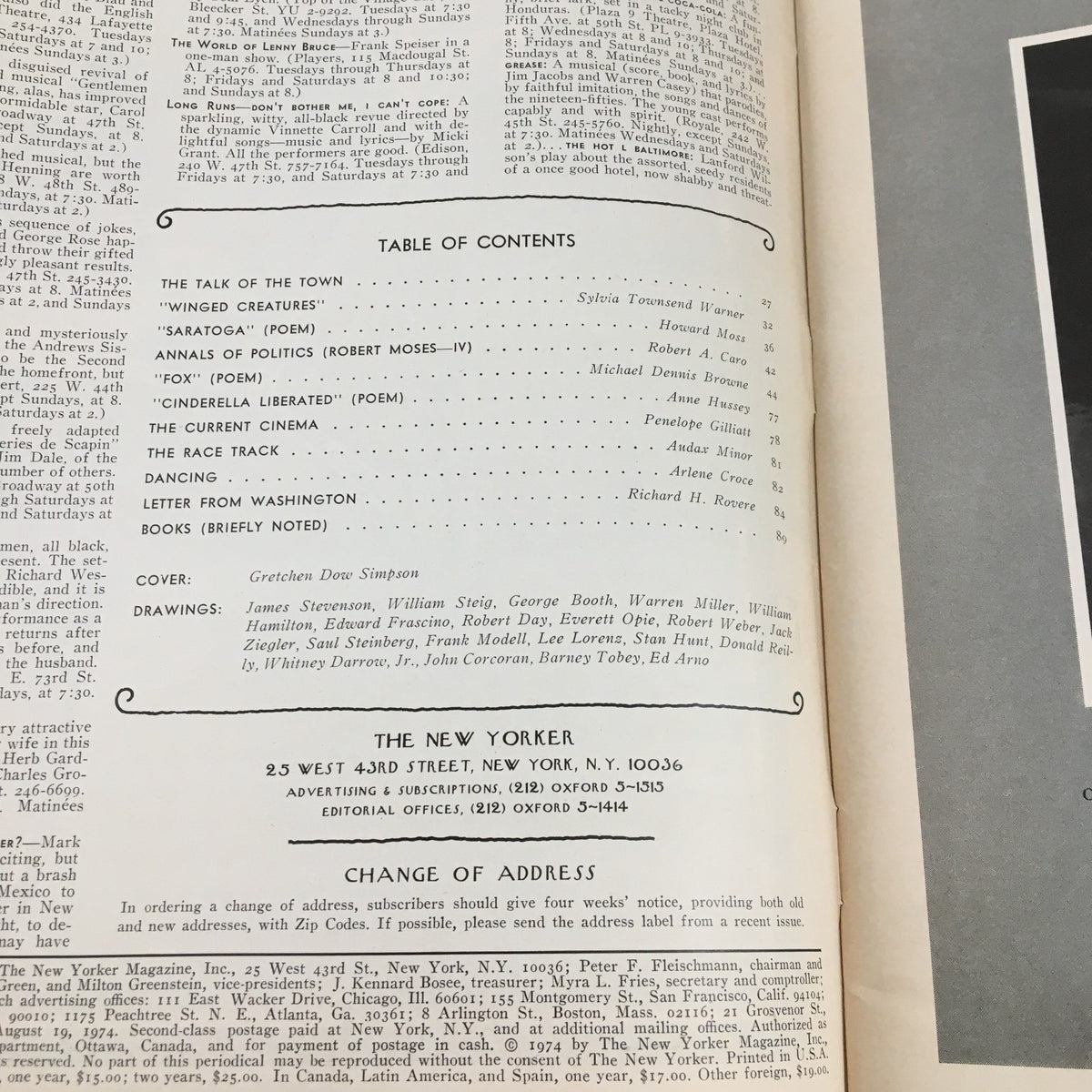 Table of contents page from The New Yorker August 19, 1974 edition, highlighting articles and features, with the cover artist noted as Gretchen Dow Simpson.