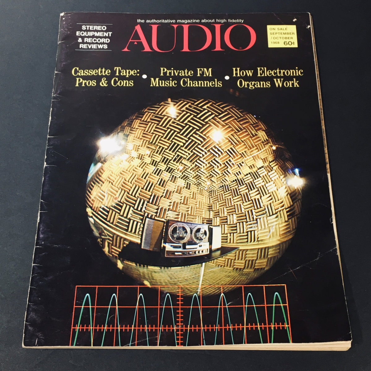 Cover of VTG Audio Music Magazine from September-October 1968 featuring articles on electronic organs, cassette tape pros and cons, and private FM music channels, with a distinctive design showcasing audio equipment.