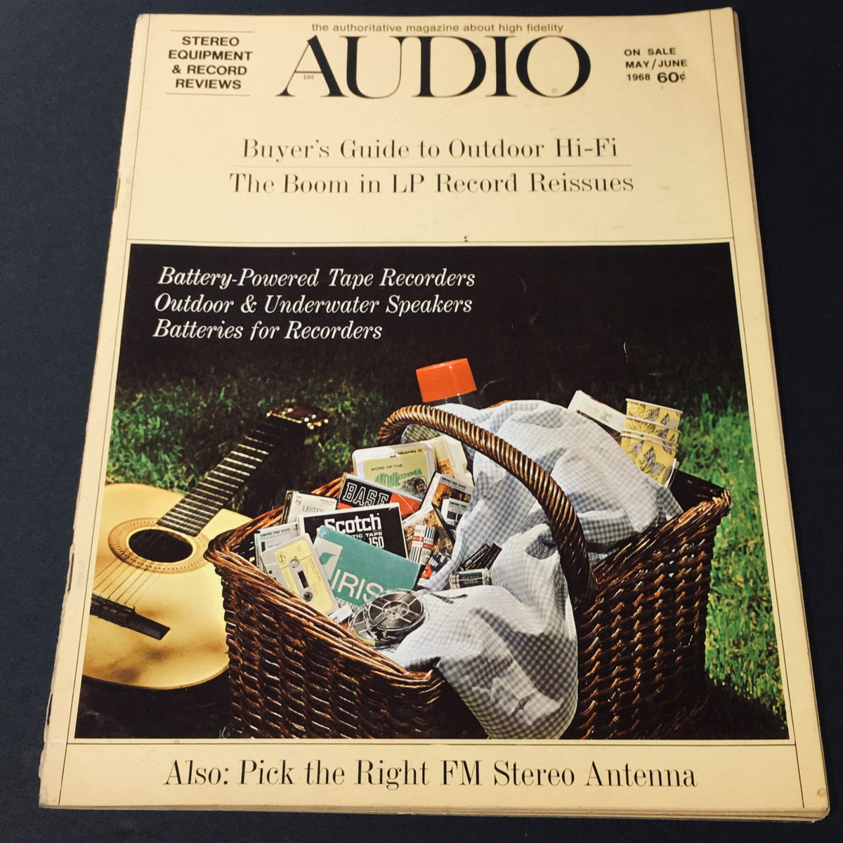 Cover of VTG Audio Music Magazine May June 1968 featuring a basket of audio equipment, guitars, and a buyer's guide to outdoor Hi-Fi.