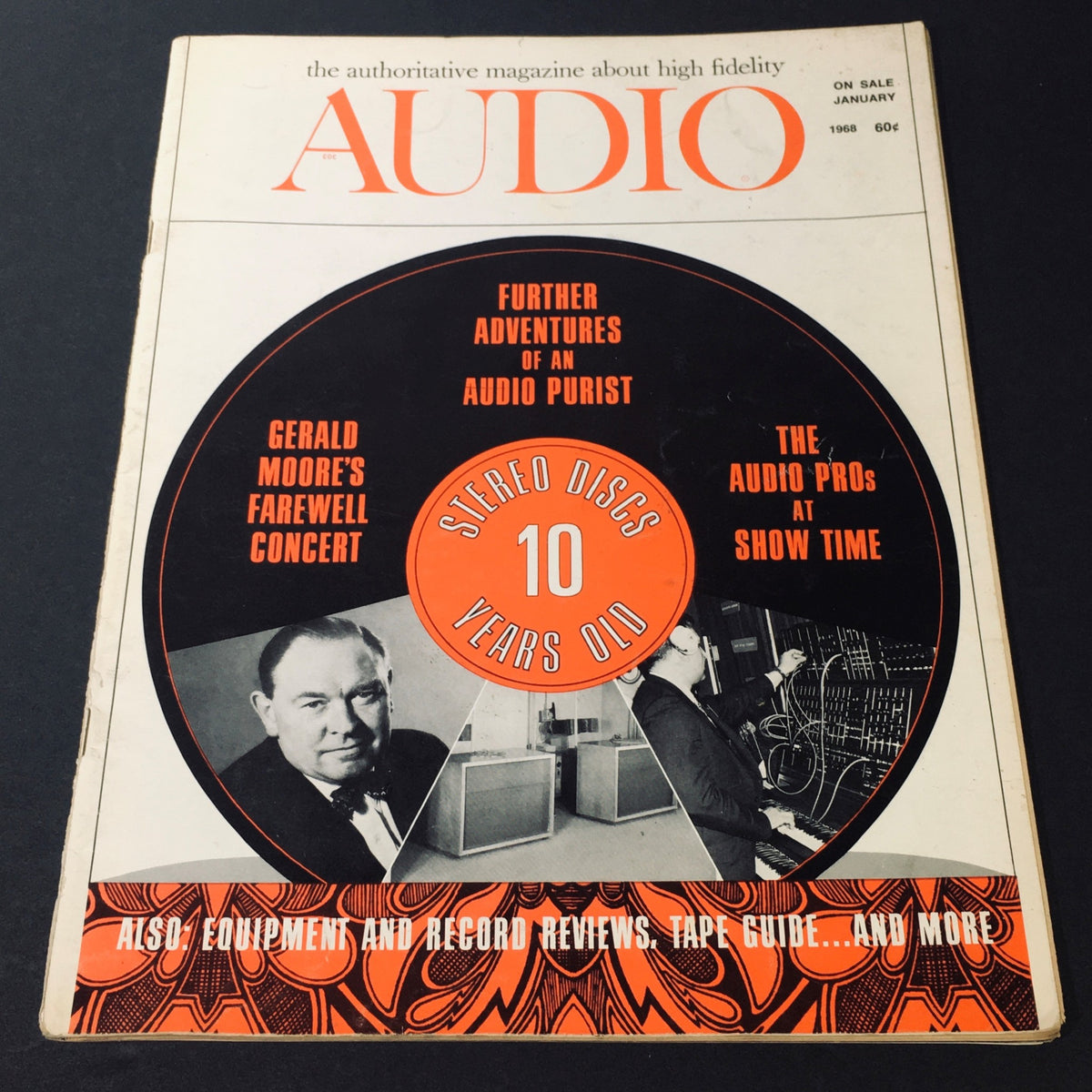 Cover of VTG Audio Music Magazine January 1968 featuring Gerald Moore's Farewell Concert, showcasing a vibrant design with highlights on stereo discs and audio articles.