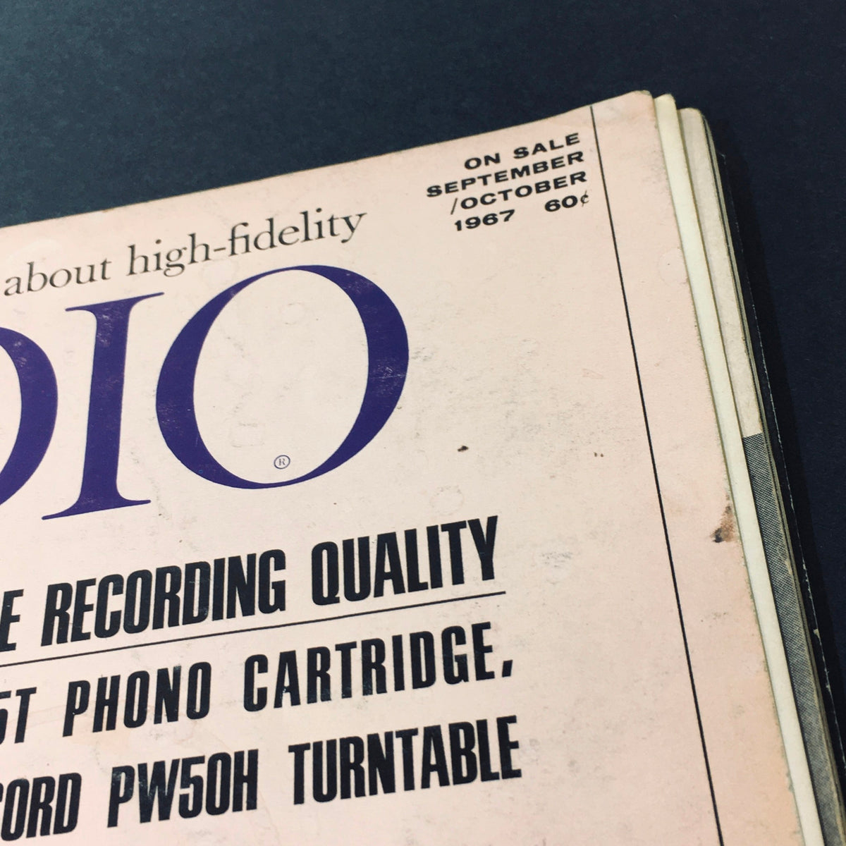 Close-up of the VTG Audio Music Magazine September October 1967 showcasing the magazine title and details about high-fidelity audio technology.