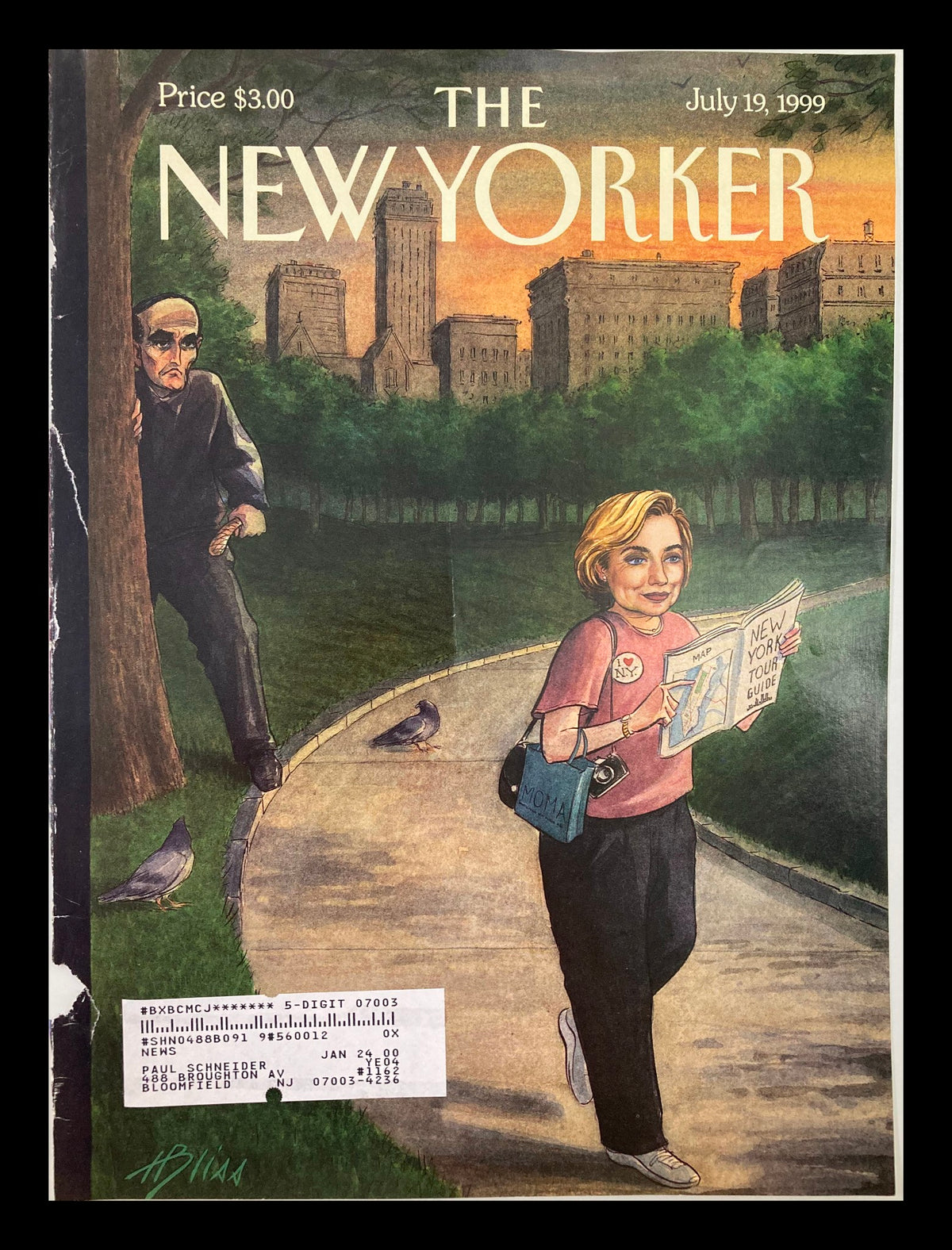 Cover of The New Yorker July 19, 1999 titled 'The Tough Guy & The Tourist' by H. Bliss showcasing a woman with a map walking in a park, while a man hides nearby.