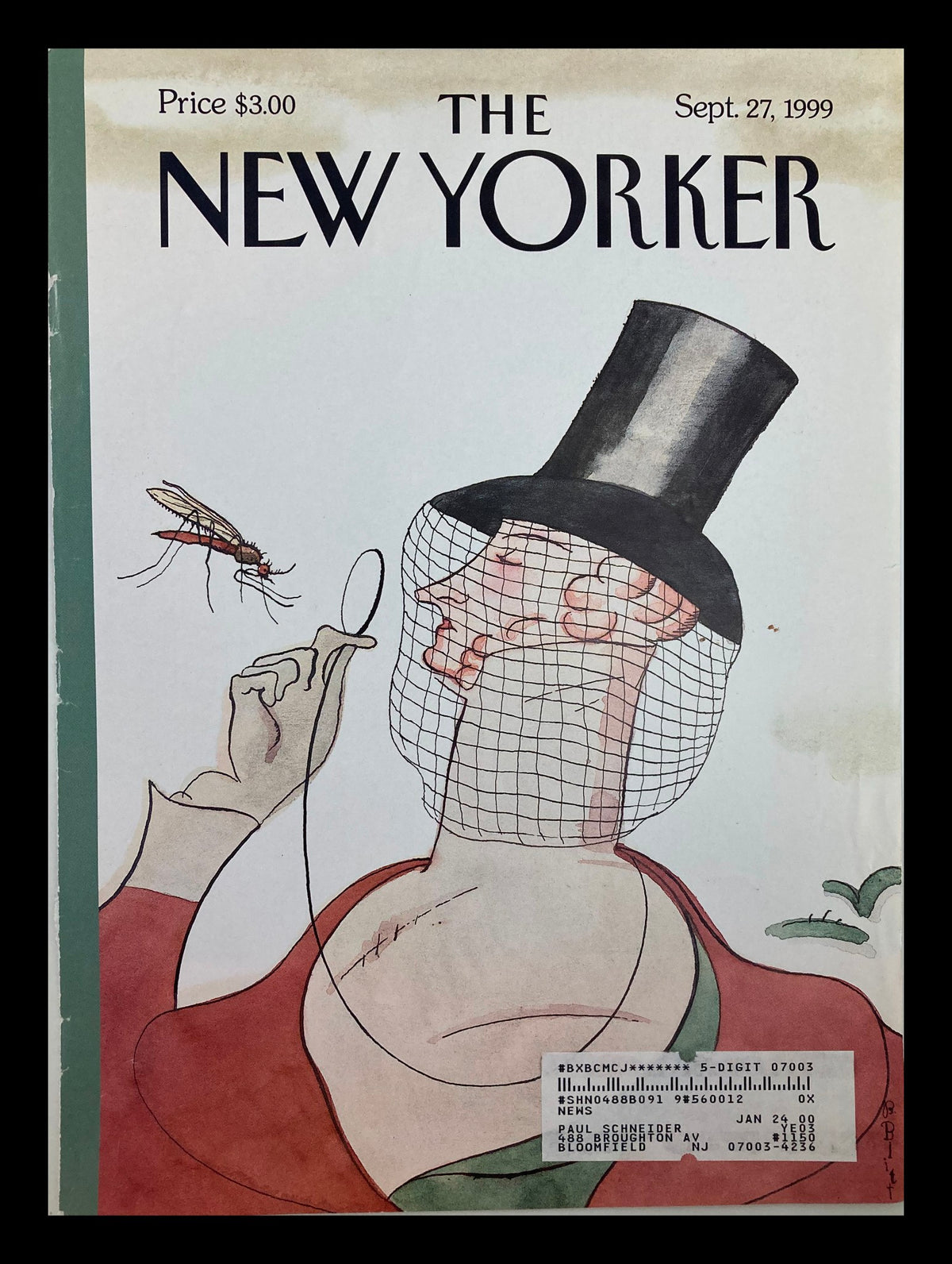 Cover of The New Yorker dated September 27, 1999, featuring the illustration 'Buzz City' by Harry Bliss, depicting a man in a top hat holding a fishing net with a mosquito.