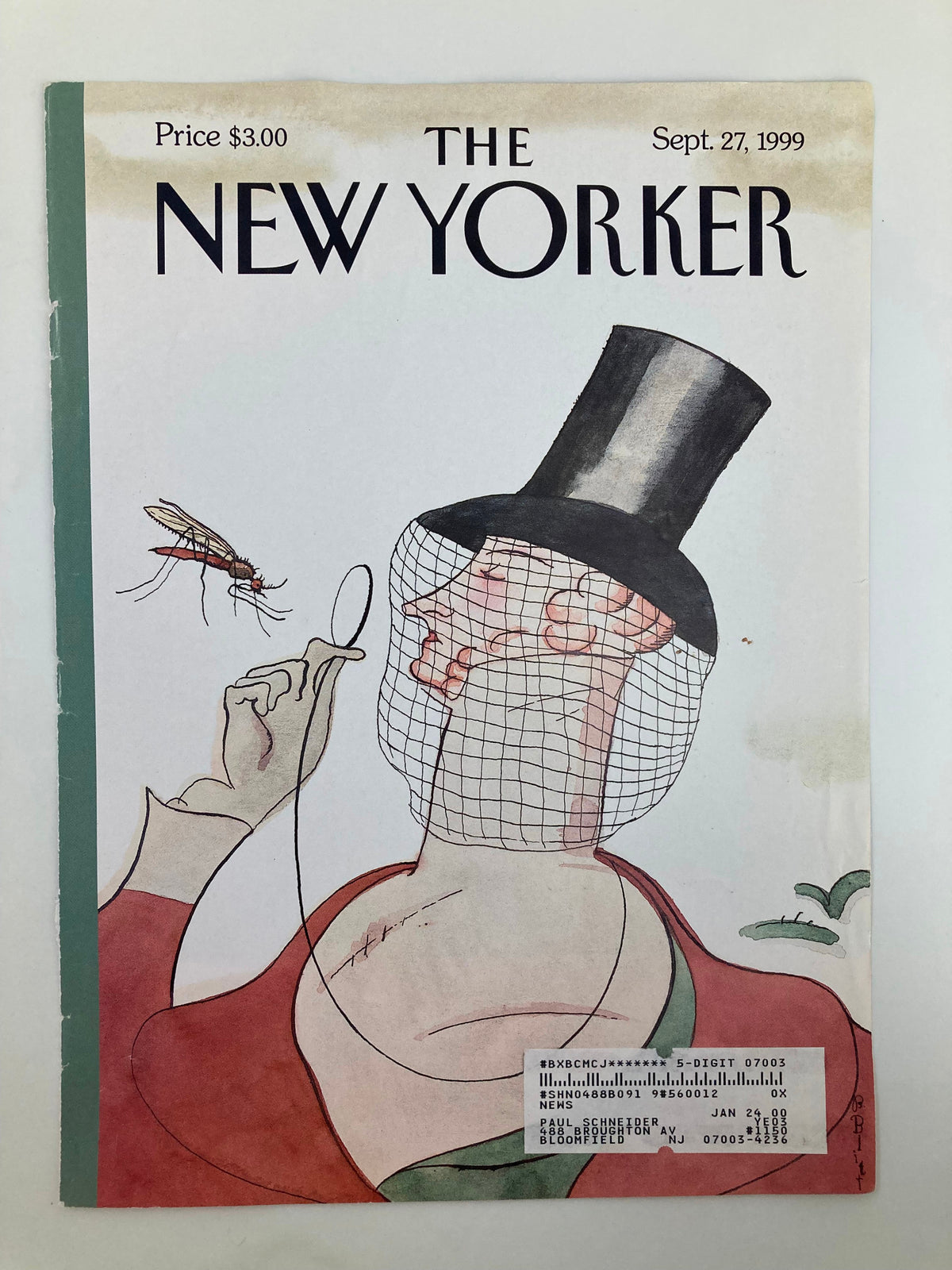 The New Yorker magazine cover from September 27, 1999, showcasing 'Buzz City' by Harry Bliss, illustrating a man in a top hat engaging with a mosquito using a fishing net.