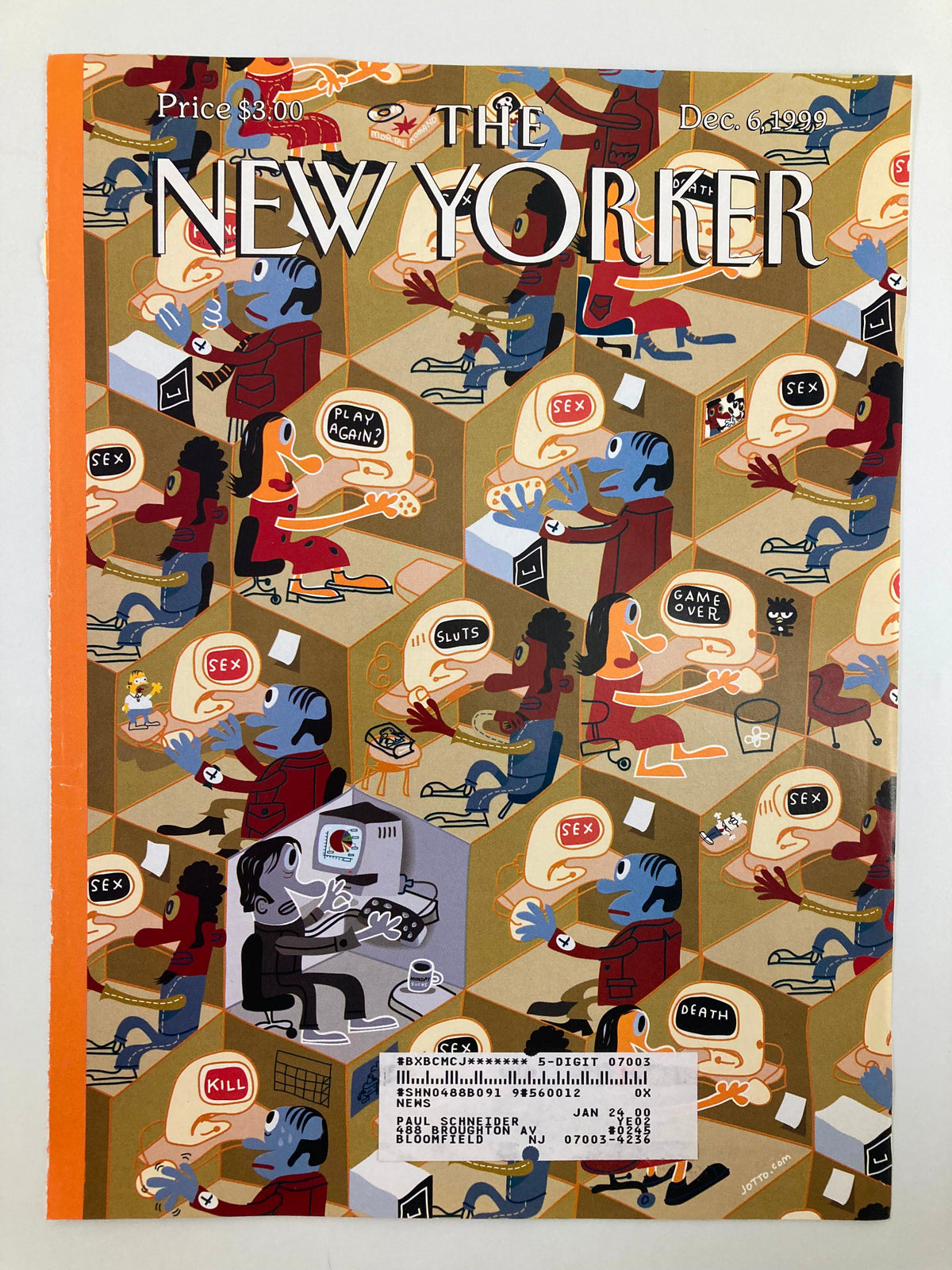 Cover of The New Yorker December 6, 1999 titled 'Work Station, Play Station' by J. Otto, displaying vibrant artwork depicting various figures at computer workstations, illustrating contrasts between work and leisure.