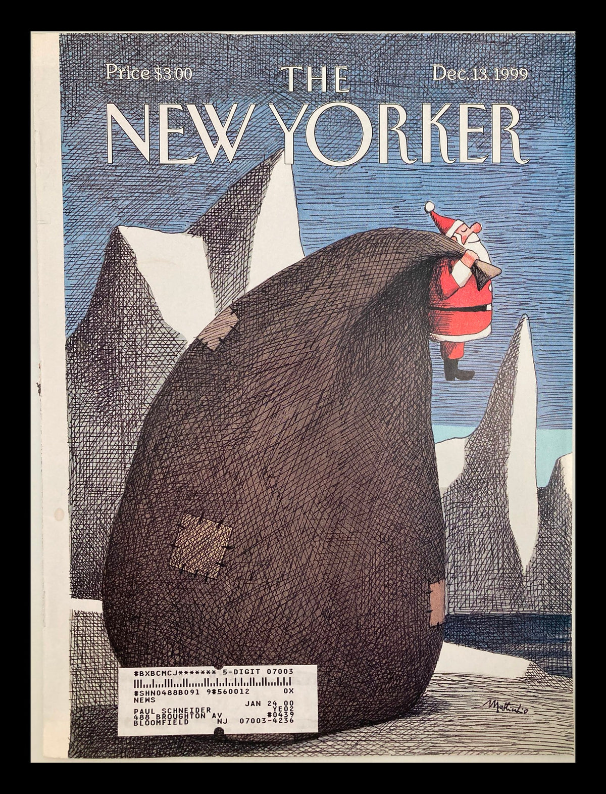 Cover of The New Yorker dated December 13, 1999, titled 'The Big Bag' by Franco Matticchio, featuring a whimsical illustration of Santa Claus with a large bag against a backdrop of mountains.