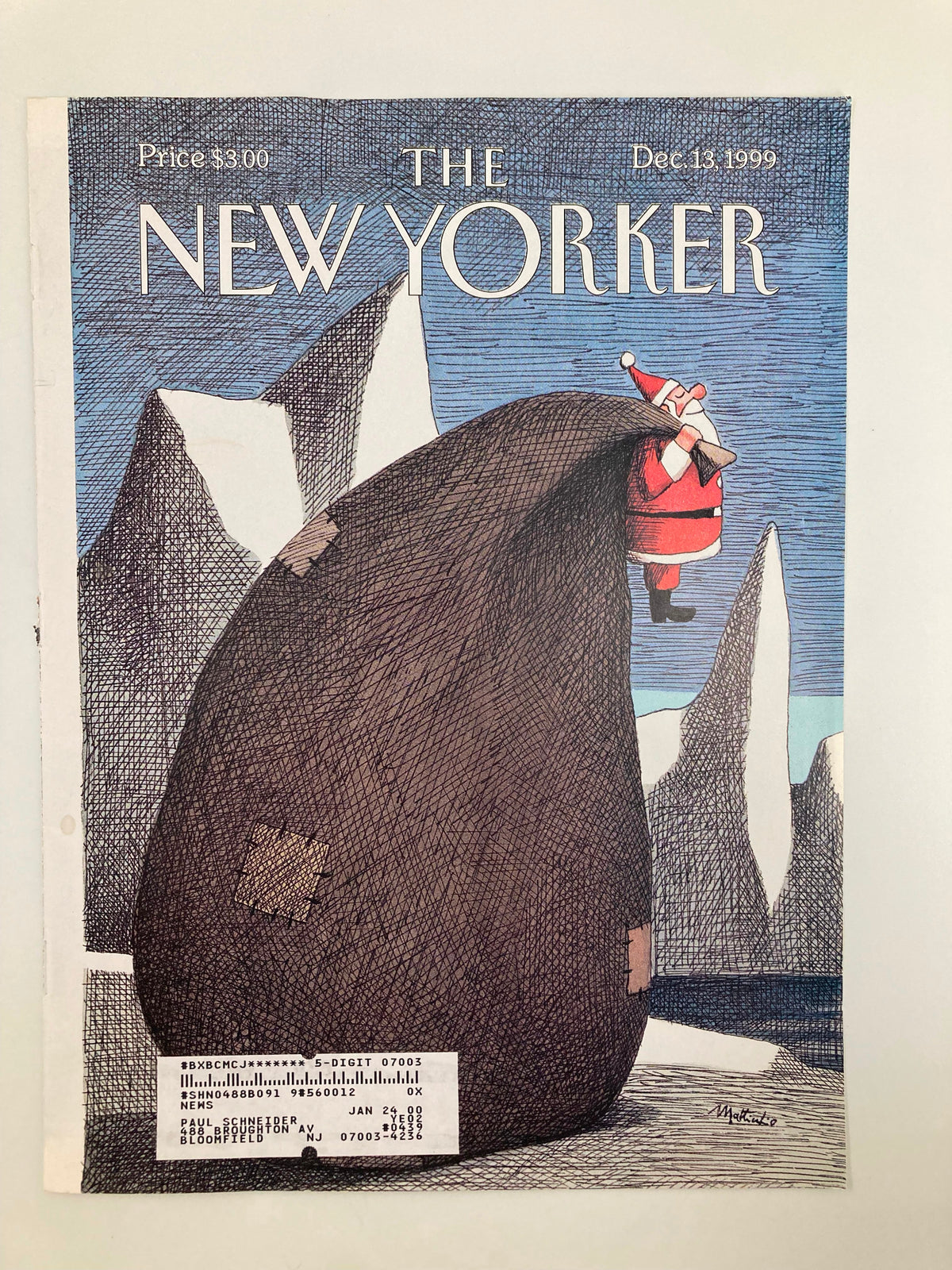 Cover of The New Yorker dated December 13, 1999, titled 'The Big Bag' by Franco Matticchio, depicting Santa Claus and his big bag with a snowy mountain scenery in the background.