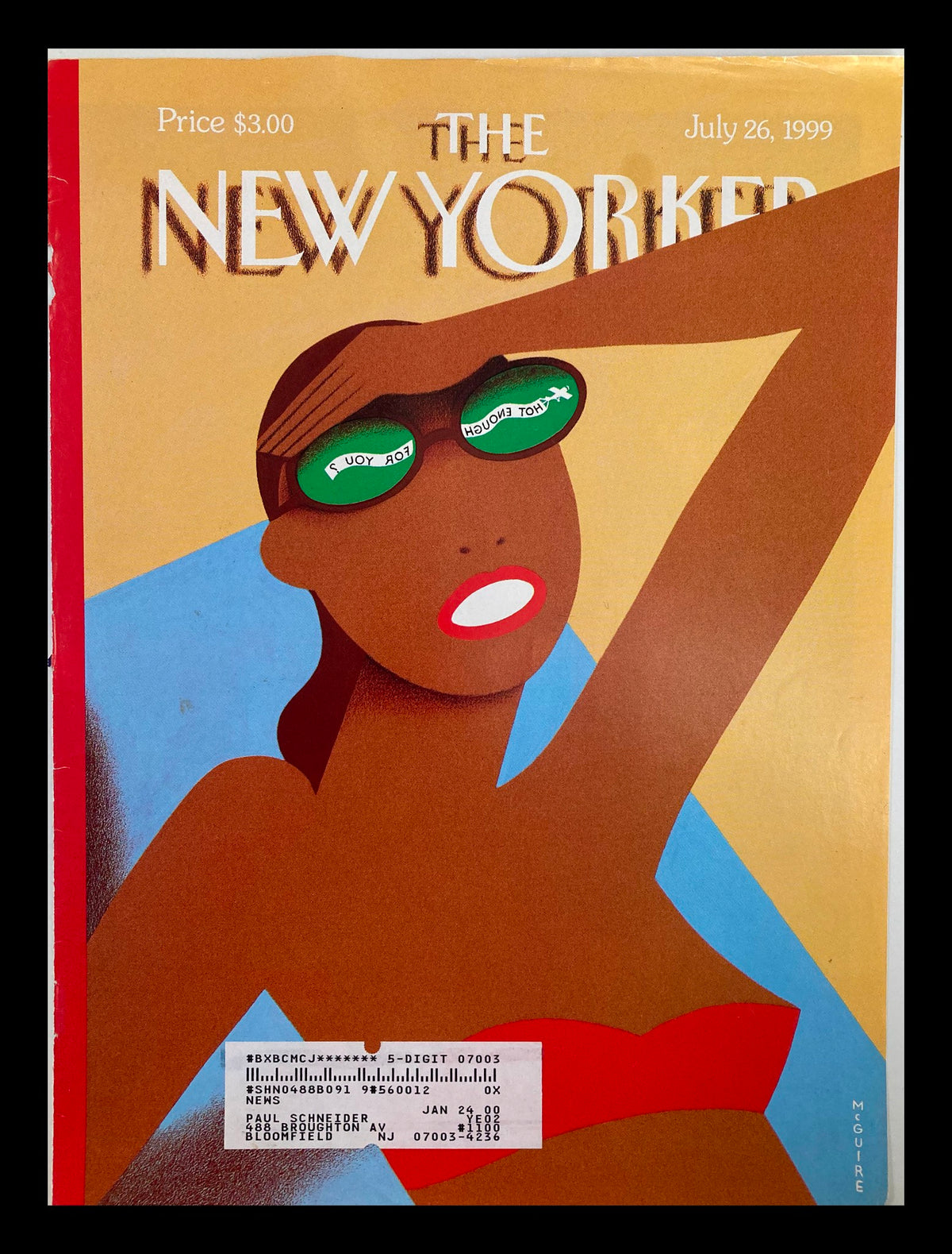 Cover art of The New Yorker magazine dated July 26, 1999, titled 'Hot Enough For You?' by Richard McGuire, featuring a stylized representation of a woman in sunglasses.