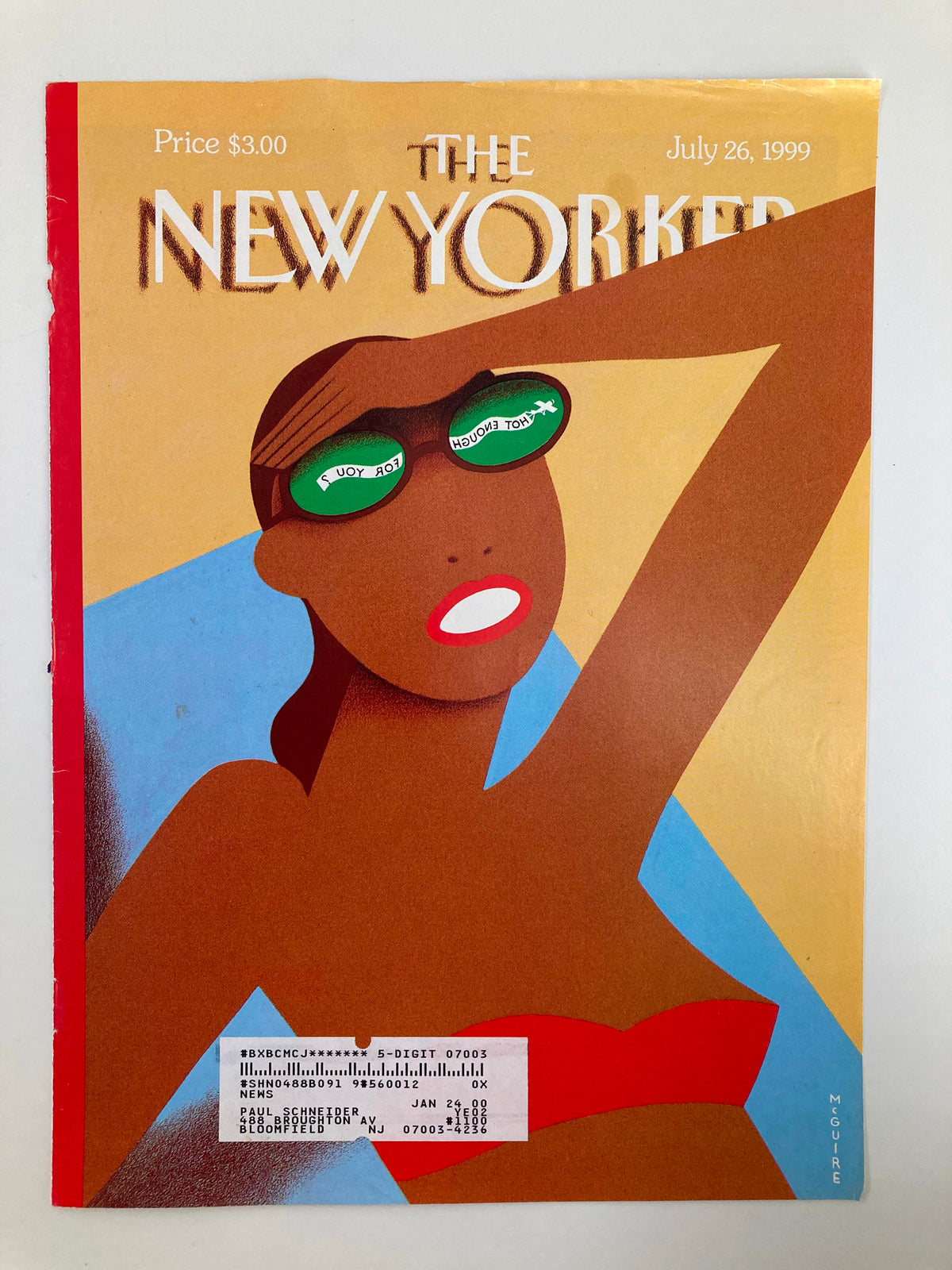Cover of The New Yorker magazine from July 26, 1999, with the title 'Hot Enough For You?' by Richard McGuire, showcasing a woman with sunglasses and summer themes.