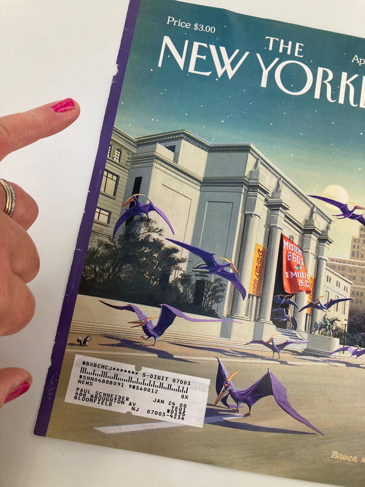 Cover of The New Yorker, April 5, 1999, titled 'Easter Morning' by Bruce McCall, featuring colorful illustrations of purple birds in flight near a building, showcasing vintage magazine art.