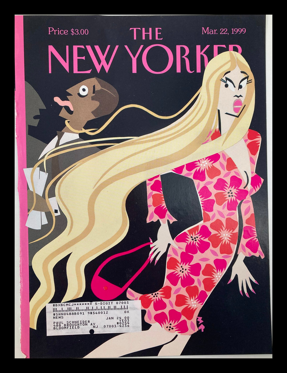 The New Yorker March 22 1999 cover titled 'Cruel Extensions' by Michael Roberts, featuring a woman in a pink floral dress with long blonde hair and a shocked expression, alongside a male figure in the background.